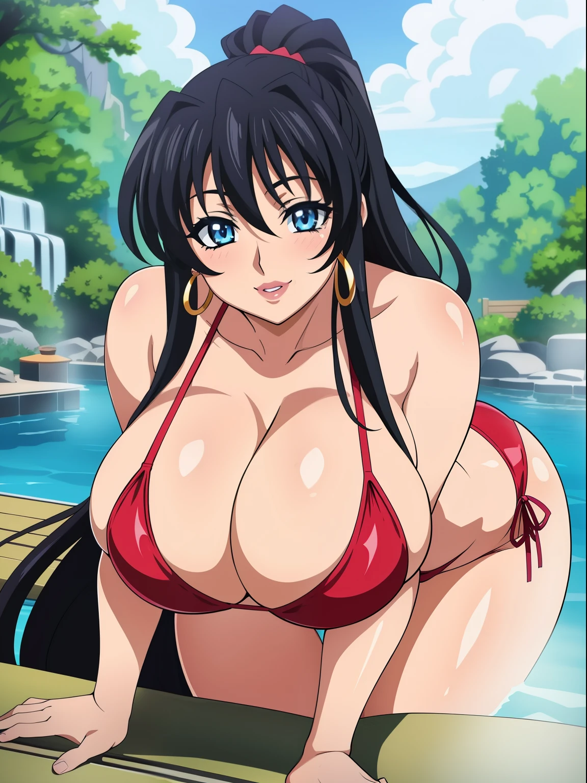 College DXD,One Girl, (((Slut))), Black Hair, Long Hair , blue eyes, Earrings, (((Slut))), Swollen lips, Painted lips, Thick lips, Eros Smile Face, Wide Hips, Thick thighs, Oily, shiny skin, Huge round ass, Huge natural breasts, Bikini,Lying in a hot spring,Cleavage,night