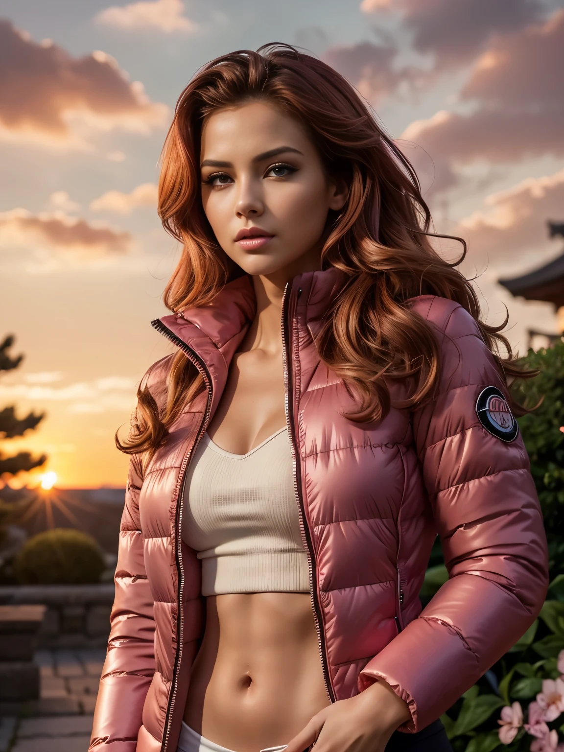 Super Detailed midbody image of gorgeous young woman with crimson red wavy hair, fierce look, (pink puffer jacket:1.3), standing in a japanse blossom garden, perfect make-up, looking away from camera, cannon 6d, octane render, (hand on her hips:1.2), seductive pose, power pose, striking, (seductive:1.3), (sunset:1.3), happy, expressive look, alluring look, determined look, strong eyeliner, mesmerizing eyes, elegant, graceful, natural beauty, magnetic, charismatic, versatile, photogenic, backlit
