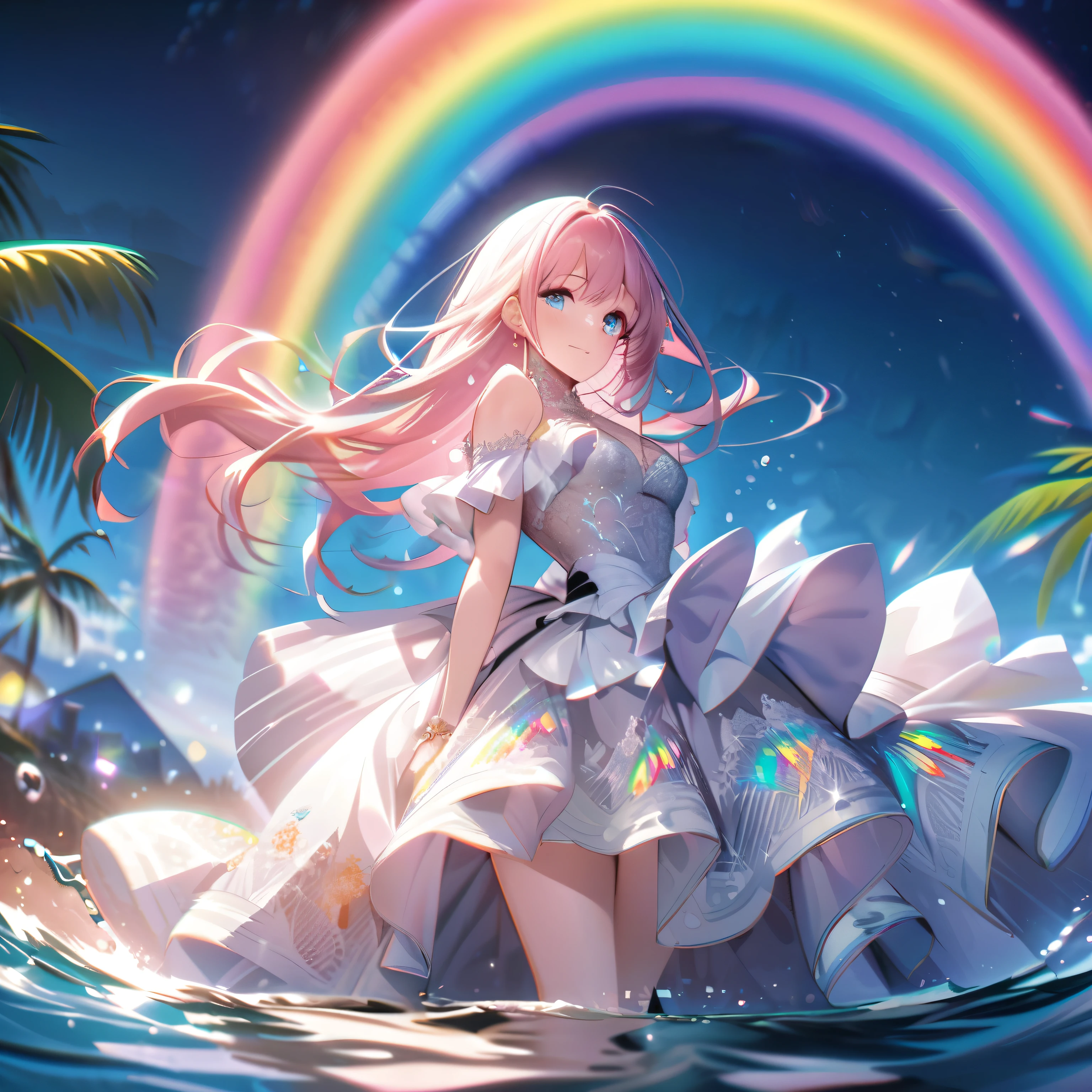 ``A beautiful woman with long pink hair and beautiful eyes wearing an elegant and detailed hawaiian dress.The dress must have intricate designs and patterns to give it a luxurious and luxurious feel.In the background , the image should depict a romantic Hawaiian beach at night with light reflecting off the water and an illuminated bridge across the scene, emphasizing the sparkling effects and rainbows throughout the image. Enhance your look and add special ruffles to your dress to make it stand out.”