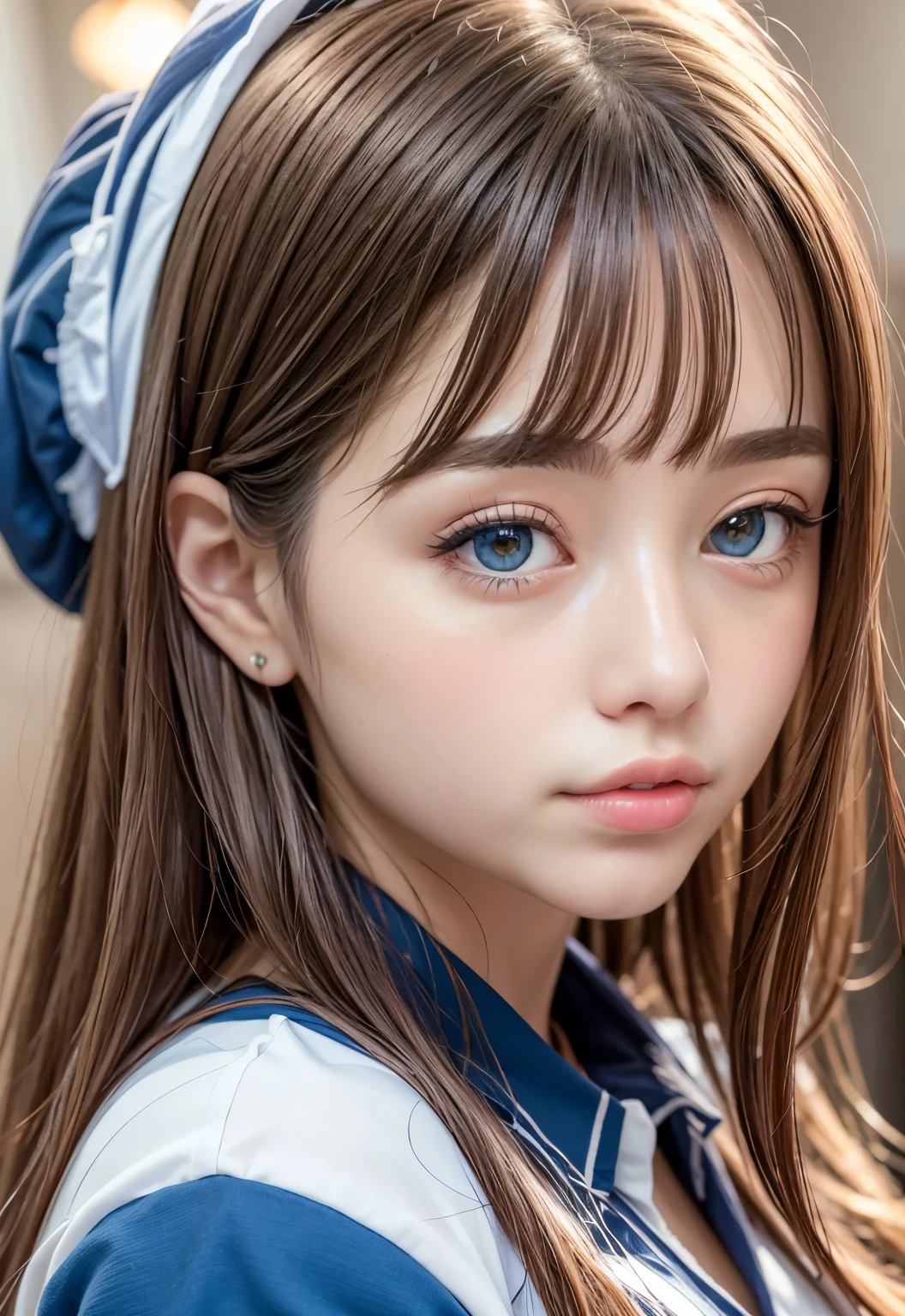 Sailor suit、、A beautiful girl in the world、Shiny skin、sparkle on the cheeks、Bangs between the eyes、光沢のあるシルクと非常に長くてまっすぐなbeautiful天然ブロンド、eyeliner、Sexy and beautiful 35 years old、High resolution, big, beautiful, bright light blue eyes、Beautiful and bright girl、sharp、