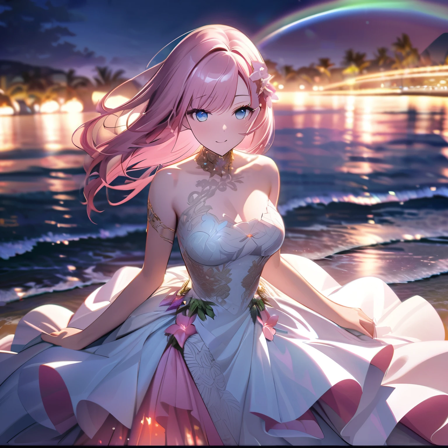 ``A beautiful woman with long pink hair and beautiful eyes wearing an elegant and detailed hawaiian dress.The dress must have intricate designs and patterns to give it a luxurious and luxurious feel.In the background , the image should depict a romantic Hawaiian beach at night with light reflecting off the water and an illuminated bridge across the scene, emphasizing the sparkling effects and rainbows throughout the image. Enhance your look and add special ruffles to your dress to make it stand out.”