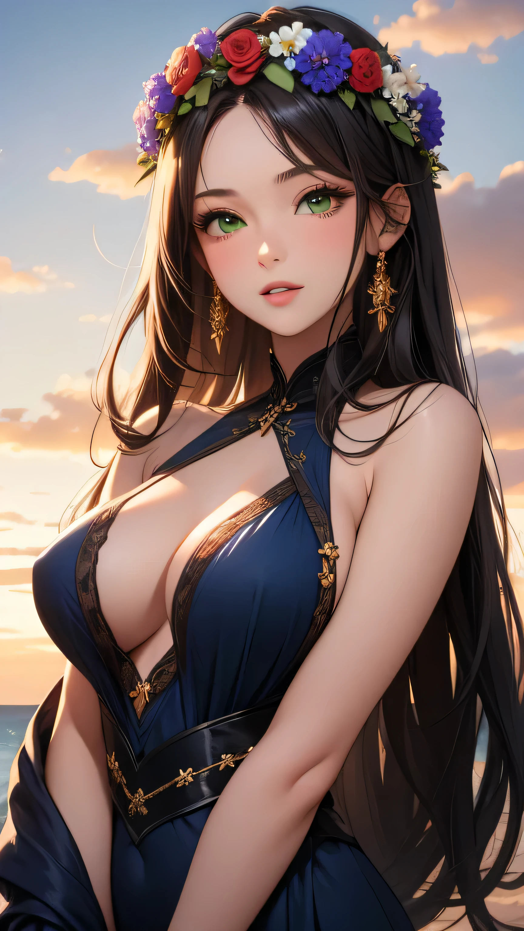 Best quality, 30yo woman, big breasts, black long hair, green eyes, sexy thin dark blue robes, sunset, thin fabric, upper body, sexy, angelic, flower crown, skimpy,