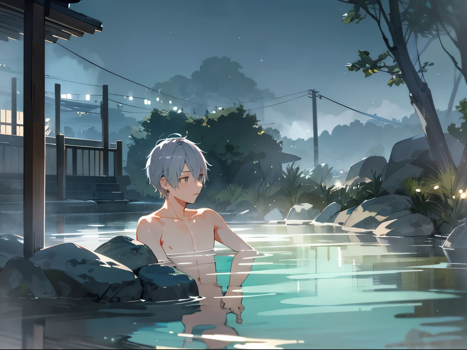 1 boy、Entering the open-air bath、silver hair short hair、green eyes、hot onsen, water vapour, Night (Illustration: 1.0), epic composition, Realistic lighting, HD details, masutepiece, Best Quality, (extremely detailed CG unified 8k wallpaper)