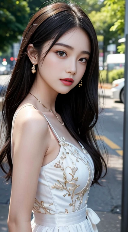 Beautiful girl: Asia, siêu dễ thương;
age: from 18-20 years old;
hair: copper orange color, smooth, lung linh dưới sunlight, detail;
skin: milk white, rosy and flawless;
eye: jet black, almond shaped, sexy, youthful, trong trẻo, siêu detail, elegant, charming, trang điểm high solution, true, attract viewers, giao tiếp bằng eye;
mí eye: delicate, delicate, Perfect Beauty;
eyebrow: cong, dear, high solution;
Face: beautiful, pure, like a fairy, Gentle makeup, lovely, Perfect balance, đẹp đến từng detail;
nose: xinh, lovely, cao;
cheekbone: prominent;
lip: charming, light red lipstick, son bóng lovely;
răng: illustrious, Lily-white;
Charming smile, Show off your bright white teeth;
Body shape: full of youth;
accessory: chain, earring, jade ring;
trang phục: silk fabric, delicate, floral embroidery;
Fashion style: high-class, Modern 2024, luxurious;
Image quality: non-NSFW, 8K CG HD, high solution, Super nice graphics, professional, detail, colourful, ultrafine, advanced techniques, RAW true;
light: complex color combinations, black gold rays;
sunlight: twinkle, illuminate the girl&#39;s body;
backdrop: vibrant street, Cool green trees.