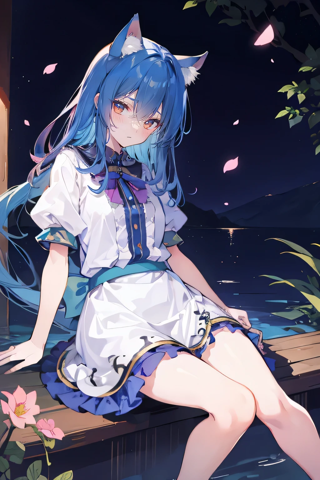 (masterpiece:1.2),ultra-detailed,realistic,expressive eyes,fair-skinned,perfectly shaped face,1girl,
Japanese cartoons,Gorgeous blue hair, flowing blue hair,floating clothes,cat ears,petals falling,beautiful Lola,Hina Angel,
hands on waist,gracefully sitting on the ground,legs crossed,gentle and serene background,cool and comfortable pavilion,shy face ,night .