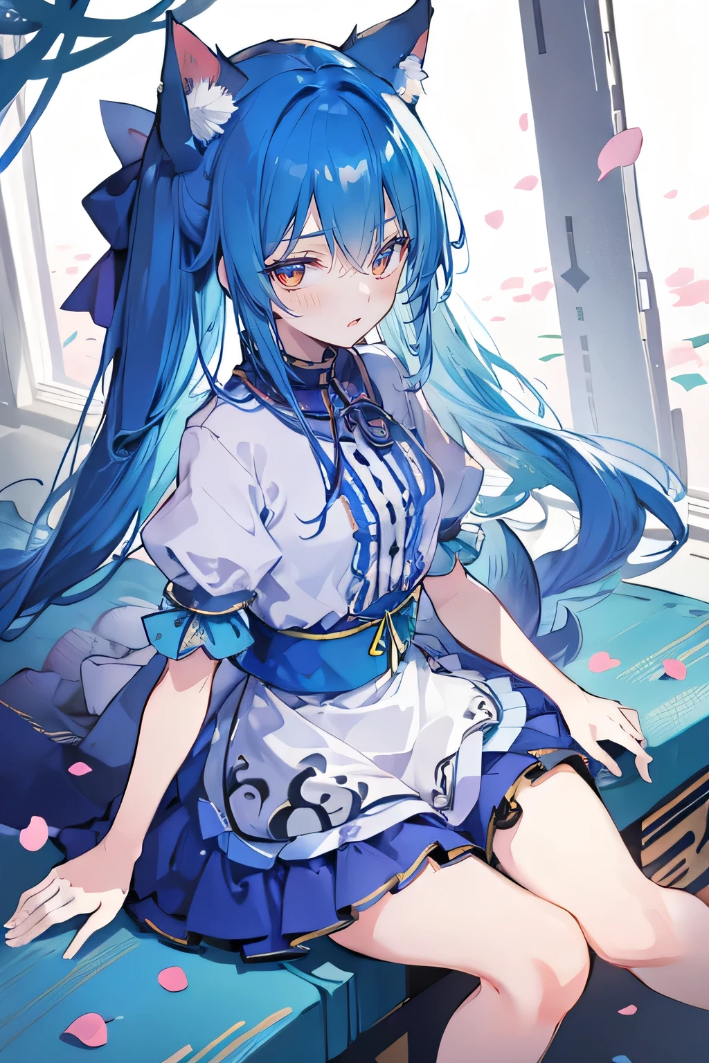 (masterpiece:1.2),ultra-detailed,realistic,expressive eyes,fair-skinned,perfectly shaped face,1girl,
Japanese cartoons,Gorgeous blue hair, flowing blue hair,floating clothes,cat ears,petals falling,beautiful Lola,Hina Angel,
hands on waist,gracefully sitting on the ground,legs crossed,gentle and serene background,cool and comfortable pavilion,shy face ,night .