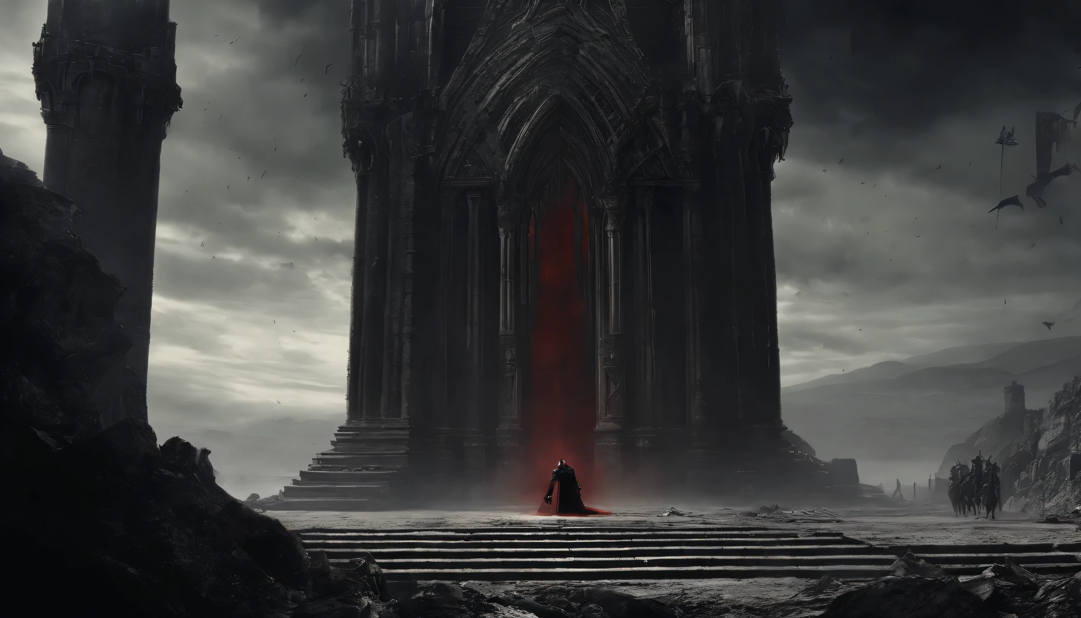 ((In a giant hall of a ruined castle, iluminado por la luz de la luna y antorchas eternas, A mercenary hero faces a four-meter-tall spectral knight)), ((el caballero, a tormented spirit with a look like the king&#39;s royal guard, defender of times forgotten thousands of years ago, fights with the same ferocity of its glory days)), ((el paisaje refleja un pasado glorioso ahora destruido, with a shattered throne from where the knight once defended)), ((mientras el mago mercenario, sosteniendo un libro de hechizos poderoso y brillante en una mano, que se activa con un brillo negro y rojo al preparar un hechizo, and summoning a spirit more terrifying than the knight himself in the other, se prepara para el combate)), ((the scene conveys a dark and mysterious atmosphere, with destroyed pillars and a long red carpet that evokes the bygone era, along with the characteristic decoration that still remains in the living room)).