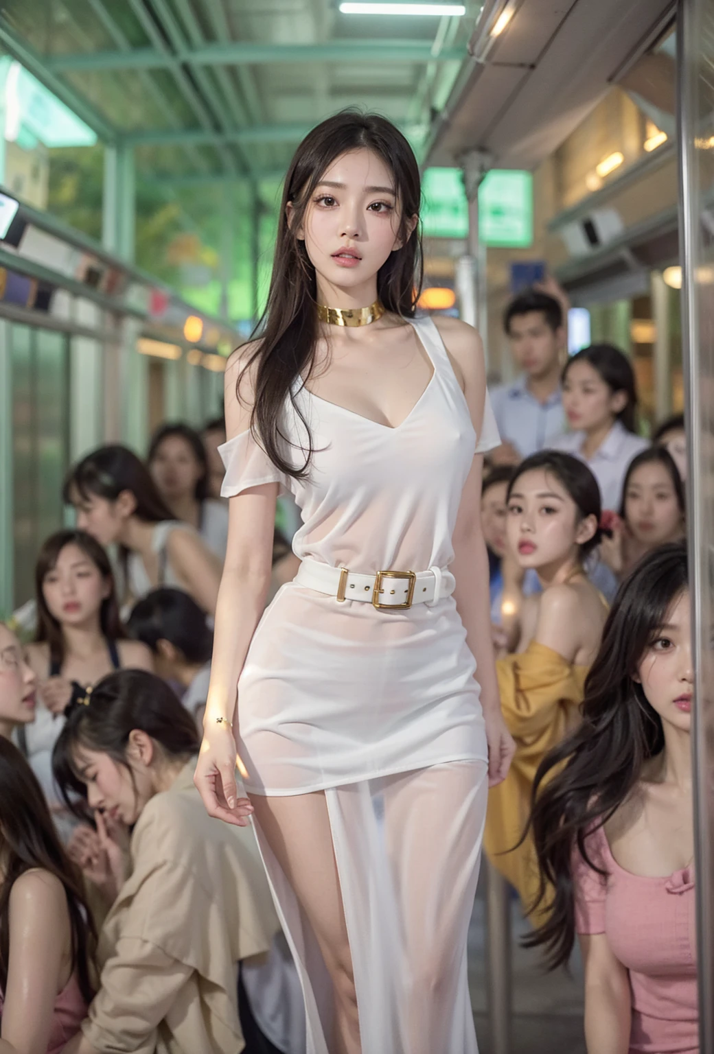 highest quality、Surreal、Perfect Anatomy、Crowded downtown area、Surrounded by spectators、Crowd、Wet and shiny white skin、Sweat dripping all over the body、Slender model figure、Ahegao、blush、black色の髪、soaked、Super small face、Collars and Leads、Photo session、Cleavage、blackい服、Gold Jewelry、black、