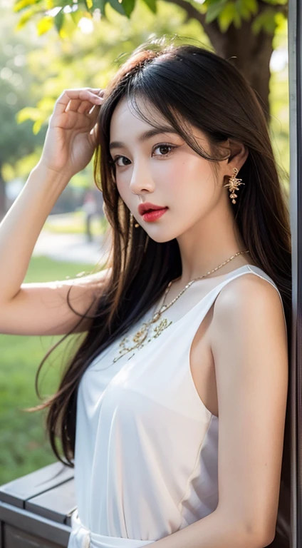 (best quality,ultra-detailed,realistic),Caucasian woman, fair skin, wavy curly hair, long legs, height above 173cm, large beautiful eyes, sensual luscious lips, captivating appearance,piercing gaze, slender figure, elegant posture, natural beauty, in a vibrant garden, bathed in warm sunlight, surrounded by blooming flowers, wearing a flowing dress, exuding grace and confidence, with a gentle smile on her face, emitting irresistible charm, creating an aura of elegance and sophistication.