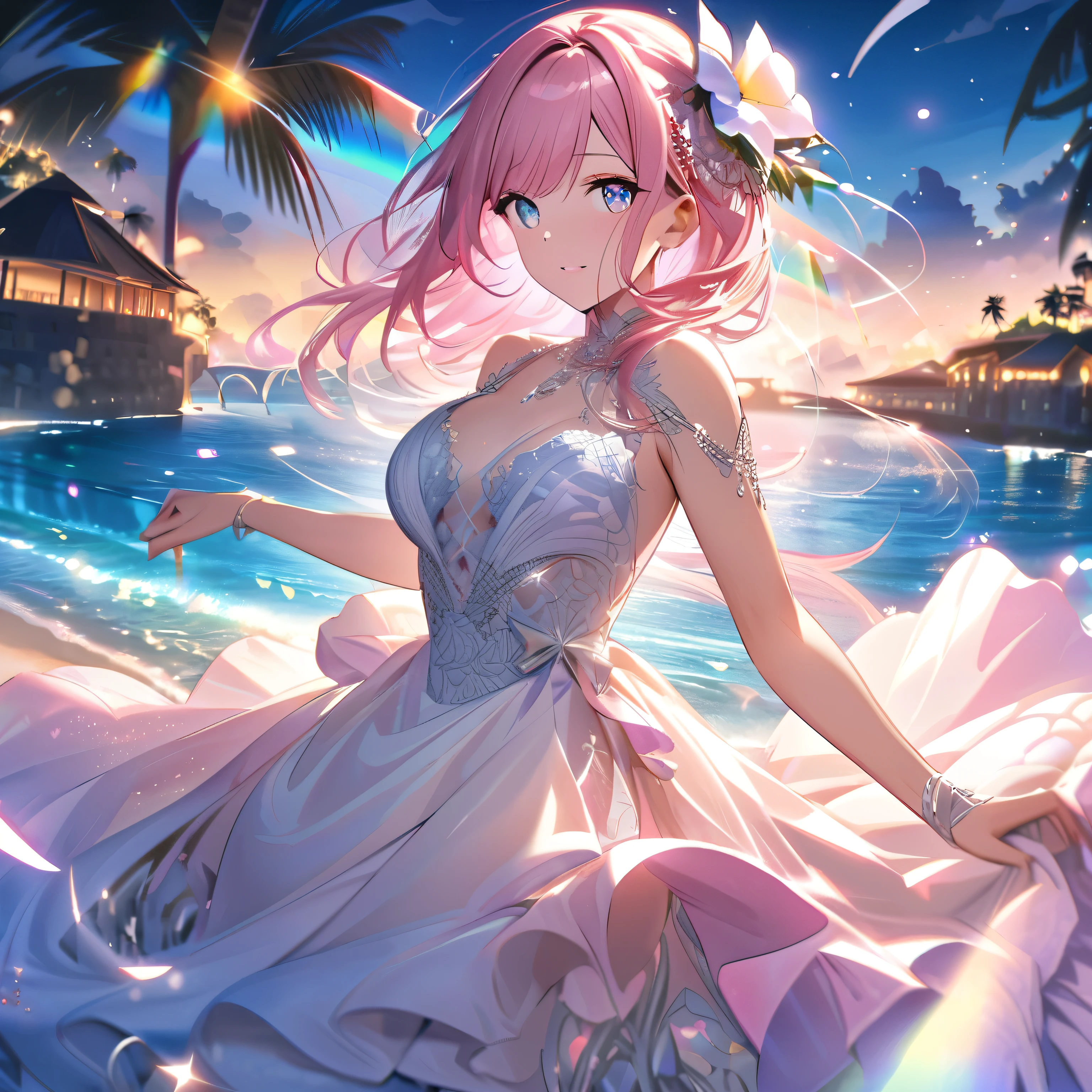 ``A beautiful woman with long pink hair and beautiful eyes wearing an elegant and detailed hawaiian dress.The dress must have intricate designs and patterns to give it a luxurious and luxurious feel.In the background , the image should depict a romantic Hawaiian beach at night with light reflecting off the water and an illuminated bridge across the scene, emphasizing the sparkling effects and rainbows throughout the image. Enhance your look and add special ruffles to your dress to make it stand out.”