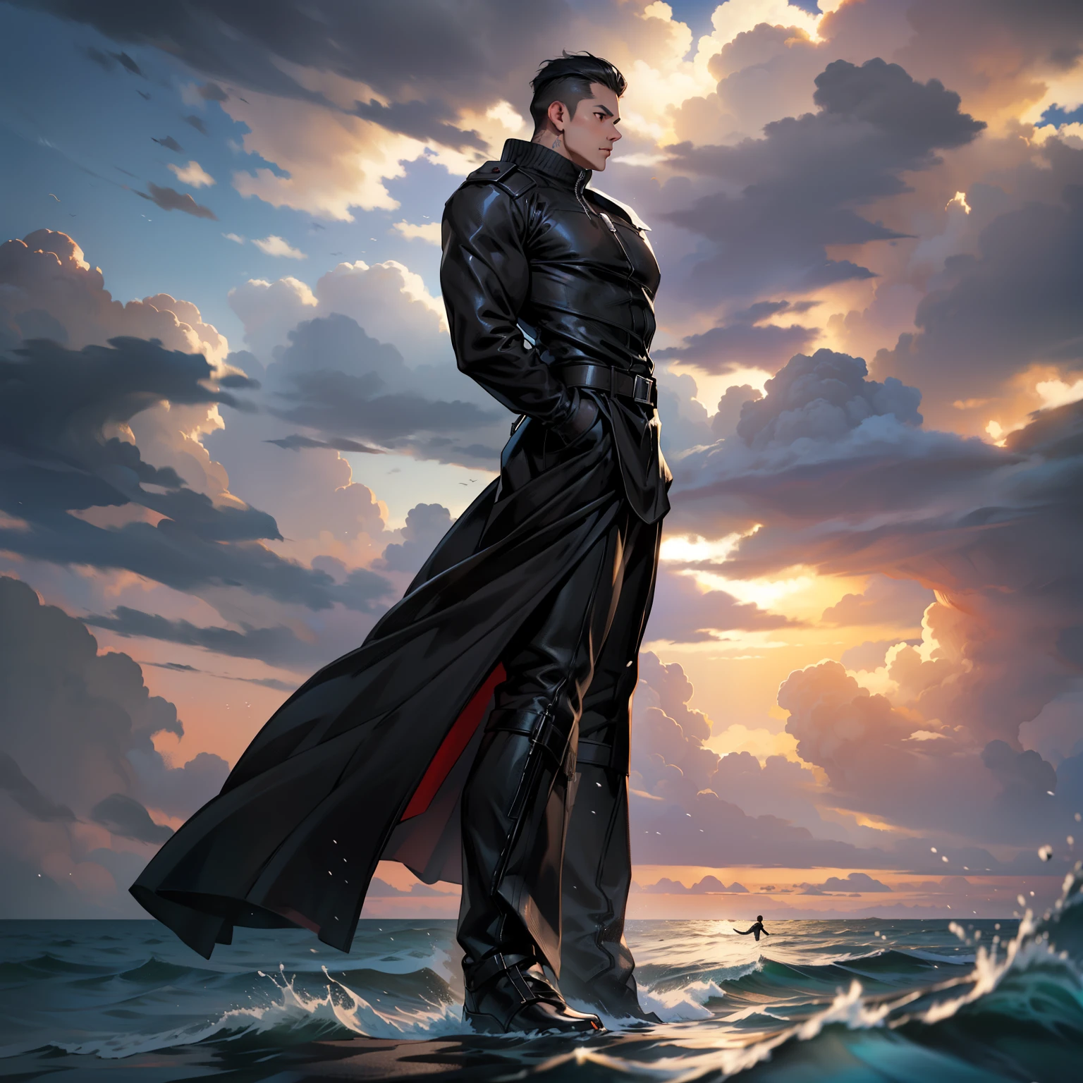 boys 26 Years old, juvenile, Serious face, brown eyes, black hair, brown eyes, muscular, hands behinds back, wearing ((black long high neck)), black highcut boots, levitated on water, ocean, blue sky, cloudy