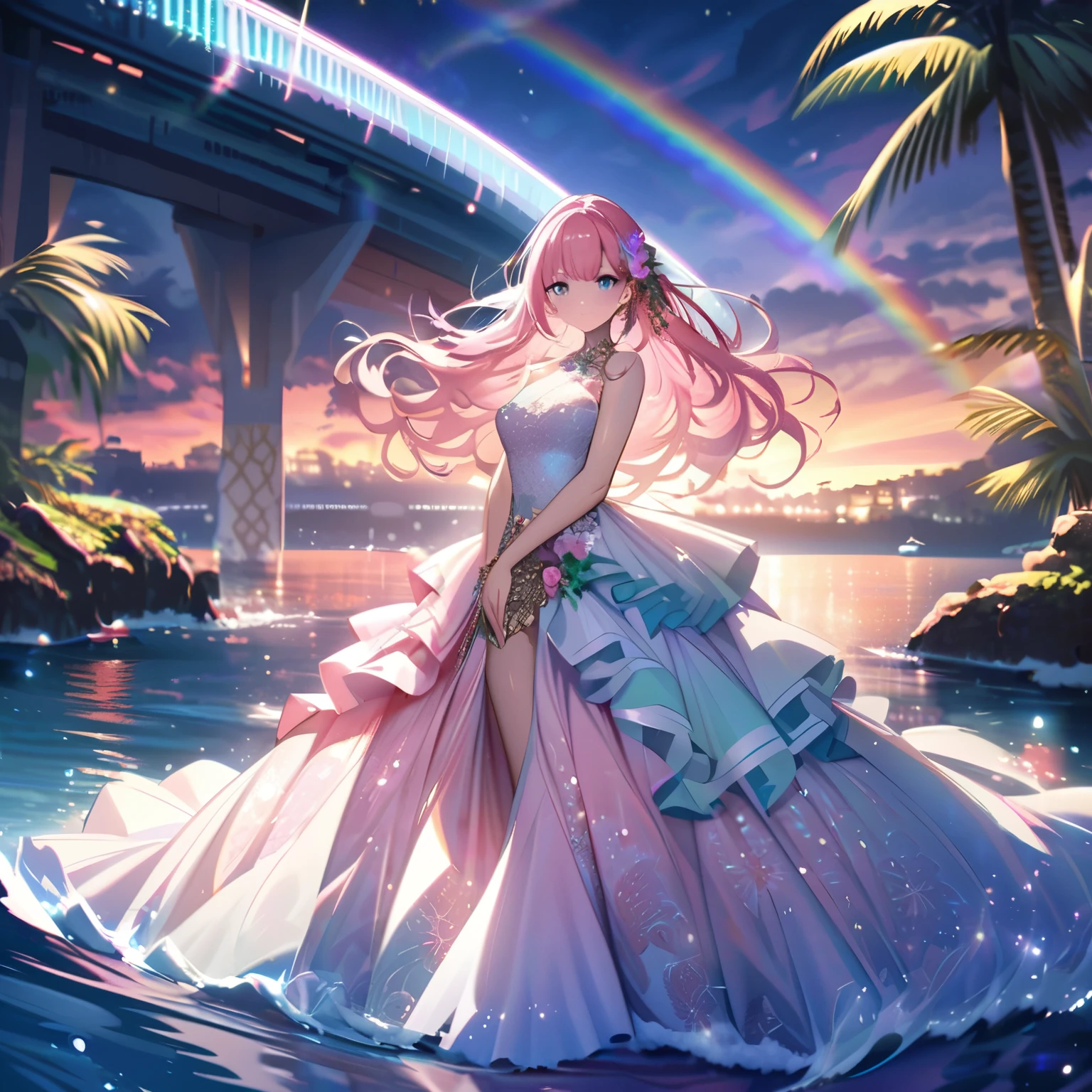 ``A beautiful woman with long pink hair and beautiful eyes wearing an elegant and detailed hawaiian dress.The dress must have intricate designs and patterns to give it a luxurious and luxurious feel.In the background , the image should depict a romantic Hawaiian beach at night with light reflecting off the water and an illuminated bridge across the scene, emphasizing the sparkling effects and rainbows throughout the image. Enhance your look and add special ruffles to your dress to make it stand out.”