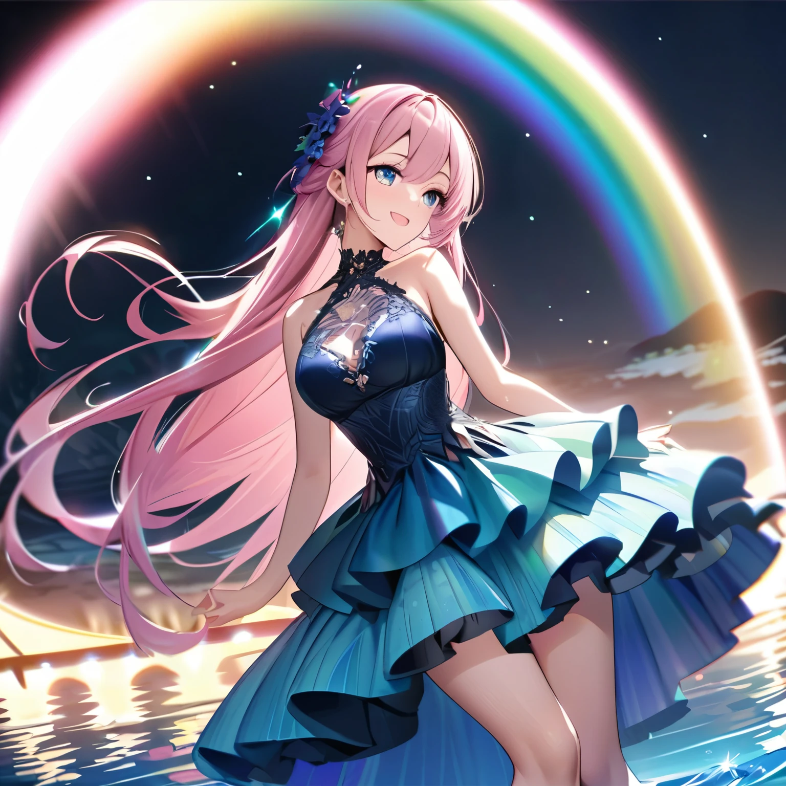 ``A beautiful woman with long pink hair and beautiful eyes wearing an elegant and detailed hawaiian dress.The dress must have intricate designs and patterns to give it a luxurious and luxurious feel.In the background , the image should depict a romantic Hawaiian beach at night with light reflecting off the water and an illuminated bridge across the scene, emphasizing the sparkling effects and rainbows throughout the image. Enhance your look and add special ruffles to your dress to make it stand out.”
