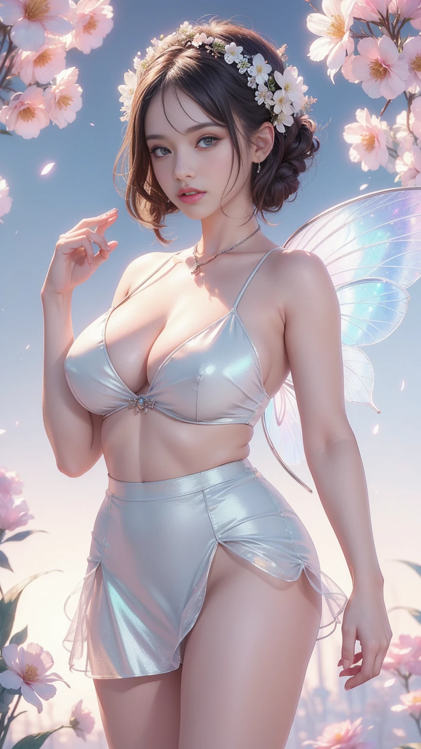 (((girl)), ((Big and ample breasts)),mini skirt, Iridescent colors,(Flower Fairy),(Rich colors),spring,Arthur effect, Transparent body, Gradient translucent glass melt, Caustics, Clear glass texture, Iridescent colors, design:Dietrams, Simple, Shining in every detail, White background, 工業design, Studio Lighting, c4d, OC Renderer, Beautiful shadows, 4K