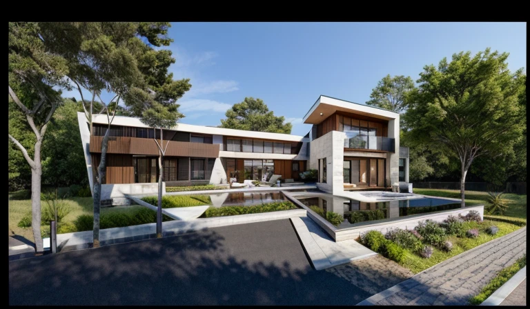 (masterpiece),(high quality), best quality, real,(realistic), super detailed, (full detail),(4k),8k,modern house exterior design,Modern architecture,Beautiful_sky,Day light, no_humans, outdoors,sky,tree,Garden flower front of building