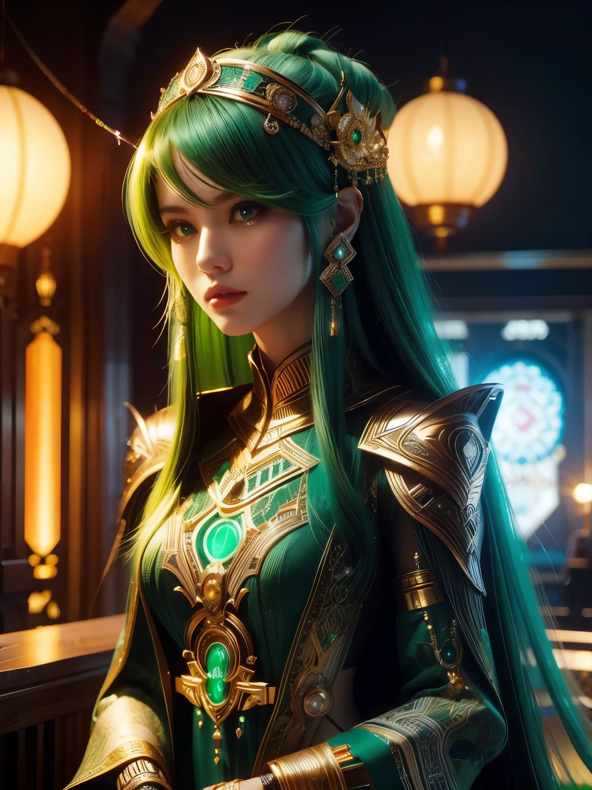 (high quality), (masterpiece), (detailed), 8K, Hyper-realistic digital illustration depicts (Japanese woman1.3) with (vibrant green hair1.2) and (intense green eyes1.2), wearing (futuristic fantasy attire1.2) that combines (modern neon-lit accents1.2) with (intricate Moroccan geometric patterns1.2) and (Tunisian Arabic script1.2). Her (upper body1.2) is accentuated by (shimmering emerald jewelry1.2) and (intricate, glowing green circuits1.2) that evoke a sense of technological mysticism. In style of Ian McQue, trending on Artstation.