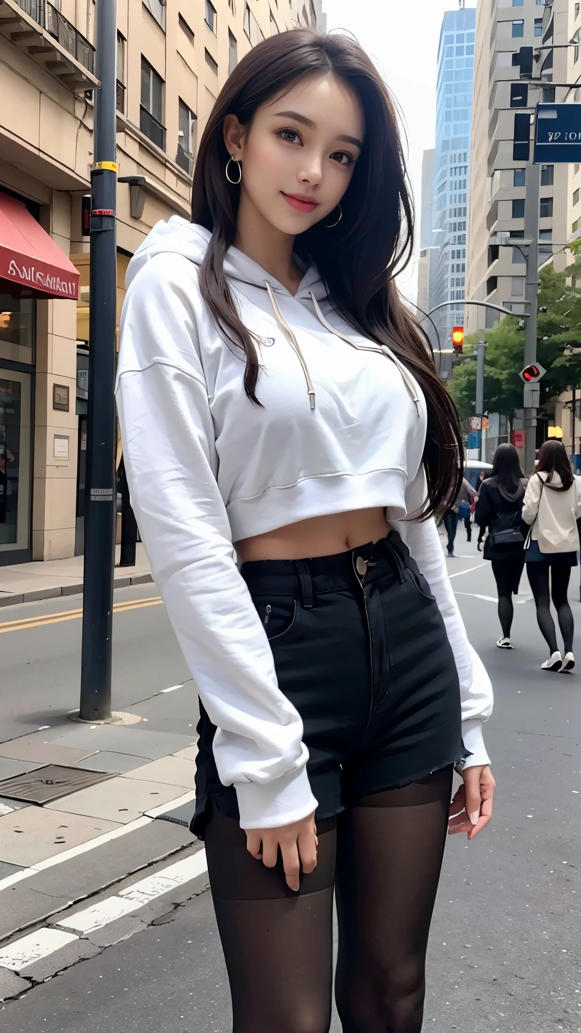 ((Composition looking up from below:1.8)), (((Dressing:1.8))), (((facing back:1.8, pantie shot:1.8))), (((Show the camera everything about your panties:1.5))), (((Lifted skirt:1.8))), (((white panties:1.8, Oversized black sweatshirt:1.8, Black pleated skirt:1.8))), ((In the street:1.8)), ((Smiling smile:1.8)), 1girl in, 独奏, 18year old, 7headed body, Ideal ratio body proportions, erectile nipple, Medium Hair, A dark-haired, With bangs, small tits, A slender, Small buttocks, beauty legs, Skinny Legs, surrealism:1.8, Cinematic lighting, depth of fields, One-person viewpoint, F/1.8, 135 mm, nffsw, masutepiece, ccurate, ((Anatomically correct:1.3)), Textured skin, Super Detail, high details, High quality, awardwinning, Best Quality, hight resolution, 8K