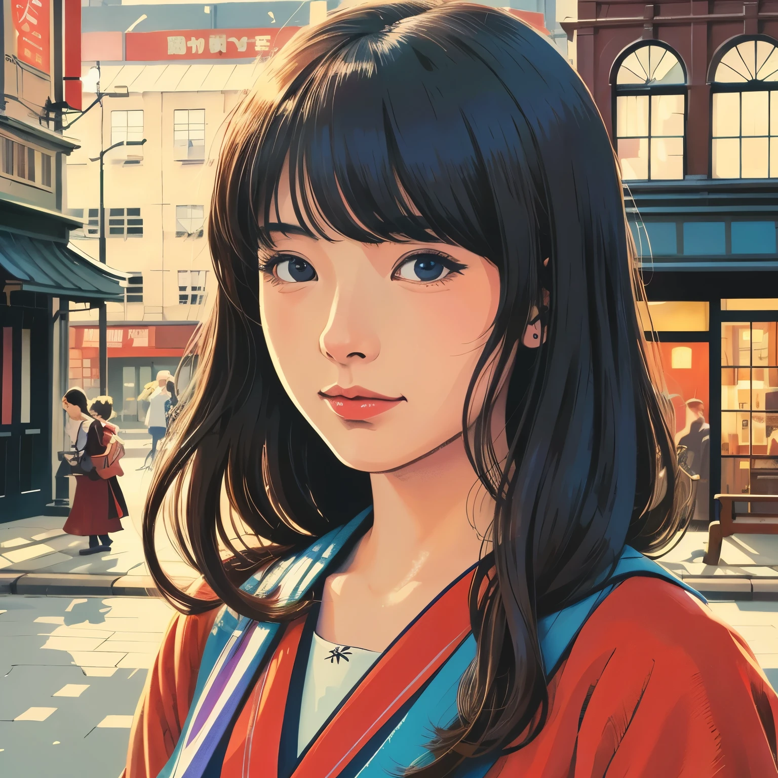 Illustration style、Showa Anime、ukiyoe painting、Woman、((Sensitive))、London、Looking this way、high resolution