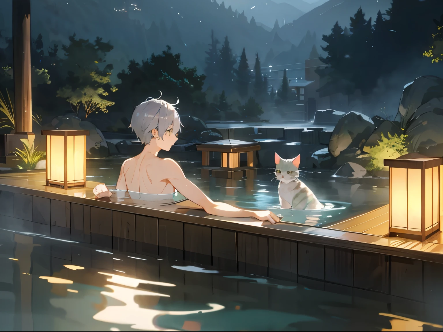 1 boy、Entering the open-air bath、silver hair short hair、green eyes、hot onsen, water vapour, Night (Illustration: 1.0), epic composition, Realistic lighting, HD details, masutepiece, Best Quality, (extremely detailed CG unified 8k wallpaper)、Cat ear