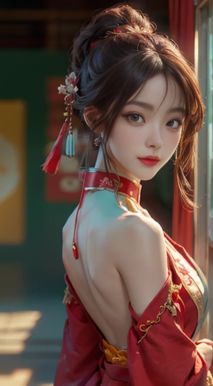 最high quality, masterpiece, High resolution, One girl, chinese hanfu,Biography of Chinese architects, Red scarf, hair ornaments, Choker Necklace, gem, Beautiful Face, back _body, Tyndall effect, Realistically, Dark Studio, Edge Light, Two-tone lighting, (Highly detailed skin:1.2), 8k UHD, Digital single-lens reflex camera, Gentle lighting, high quality, Volumetric Lighting, Frank, photograph, High resolution, 4K, 8k, Bokeh,Girl in a red dress,完璧なbody型,