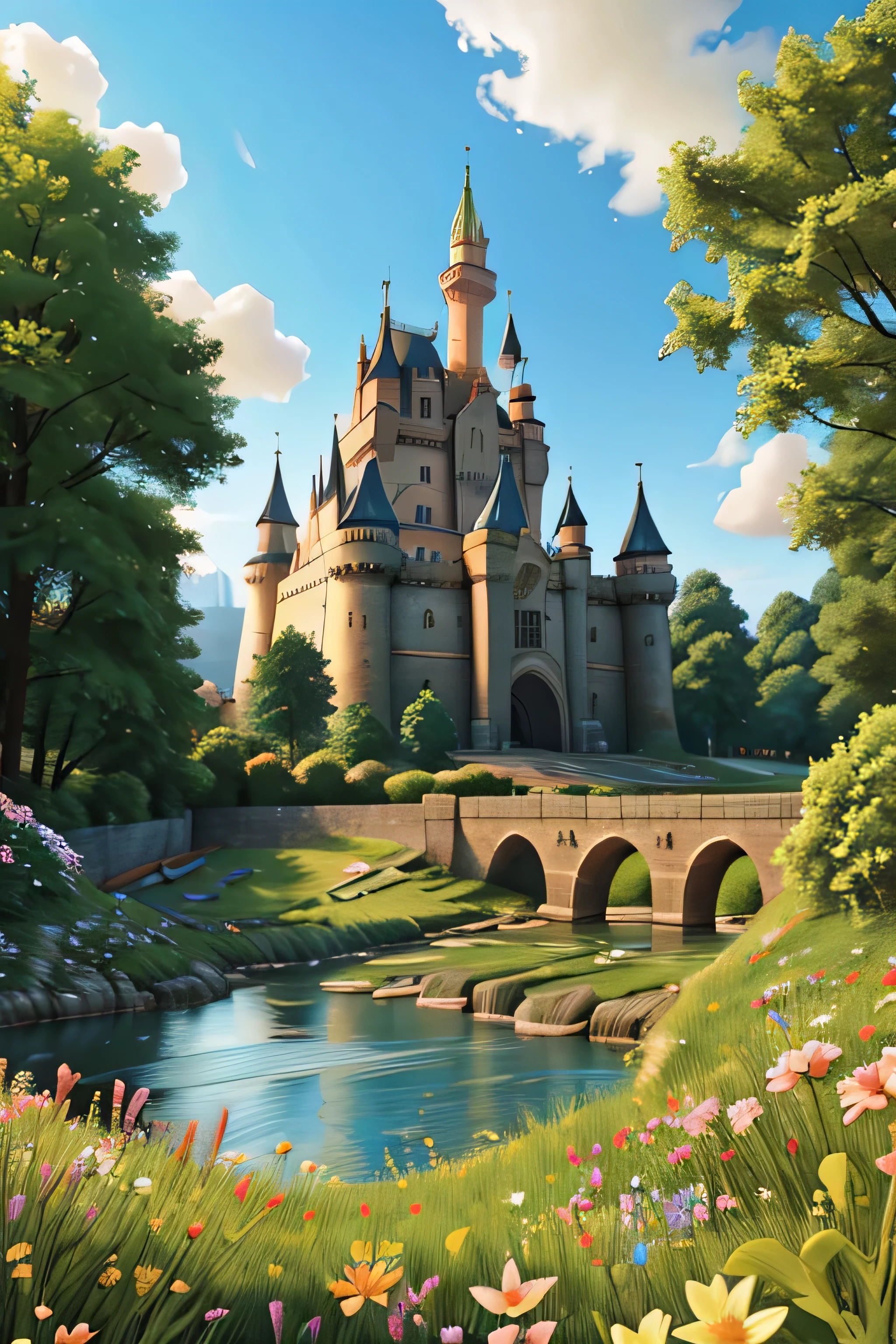 a castle, below the castle is a stream of water and flowers in the field