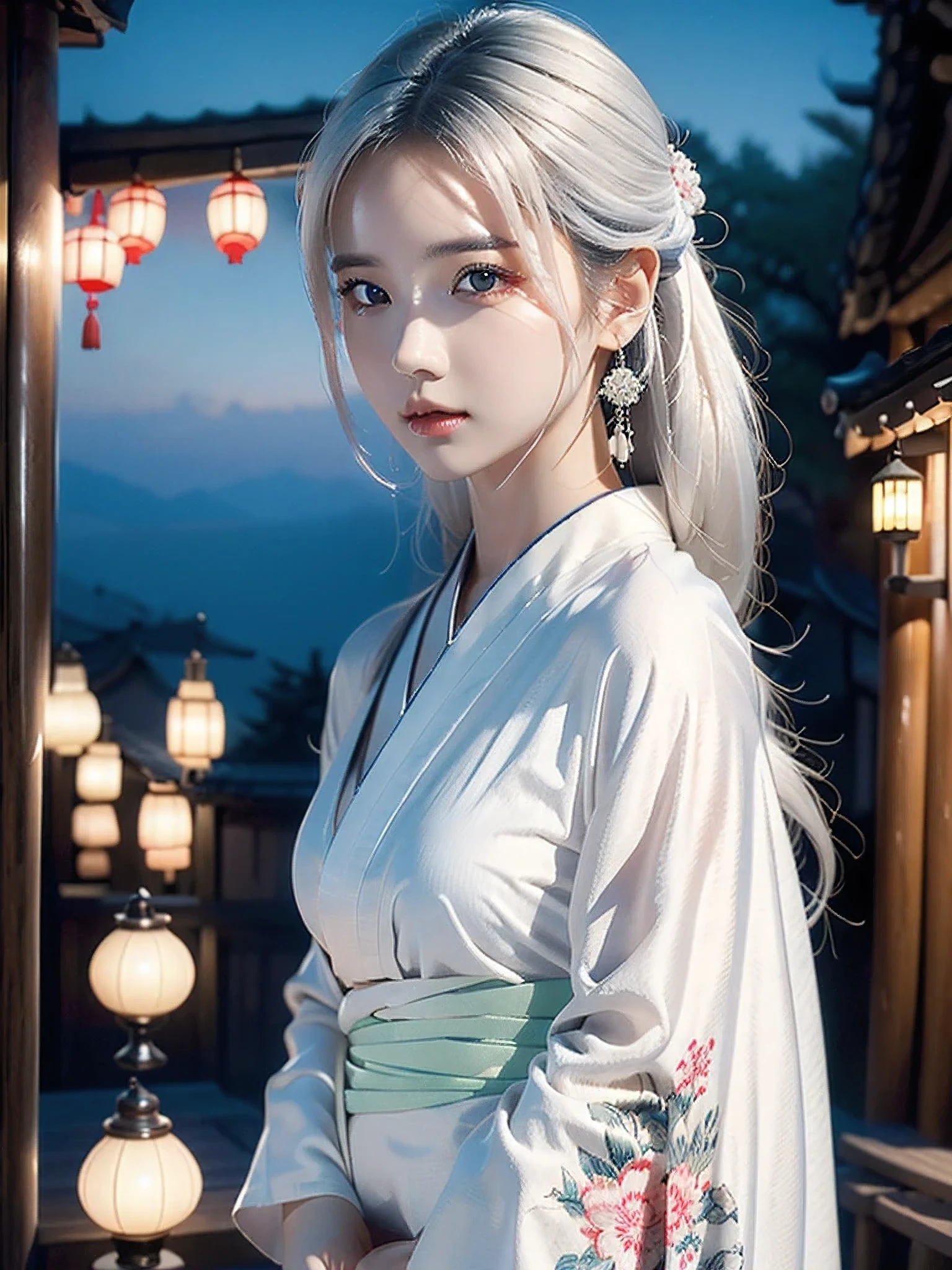 best quality, masterpiece, ultra high res, (photorealistic:1.4), RAW photo , white hair, , night view , white kimono, shrine ,