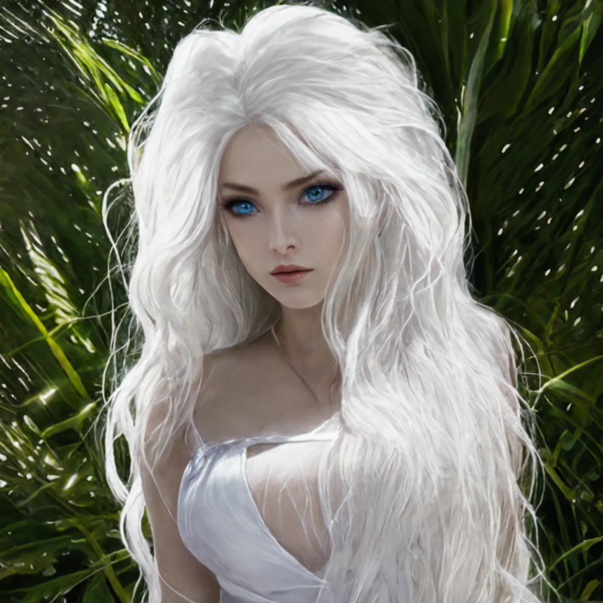 a close up of a woman with long white hair and blue eyes, detailed white long hair, with long white hair, with white long hair, 4k hd. snow white hair, very beautiful elven top model, white beautiful hair, intense white hair, long flowing white hair, girl with white hair, perfect white haired girl, white long hair, white witch