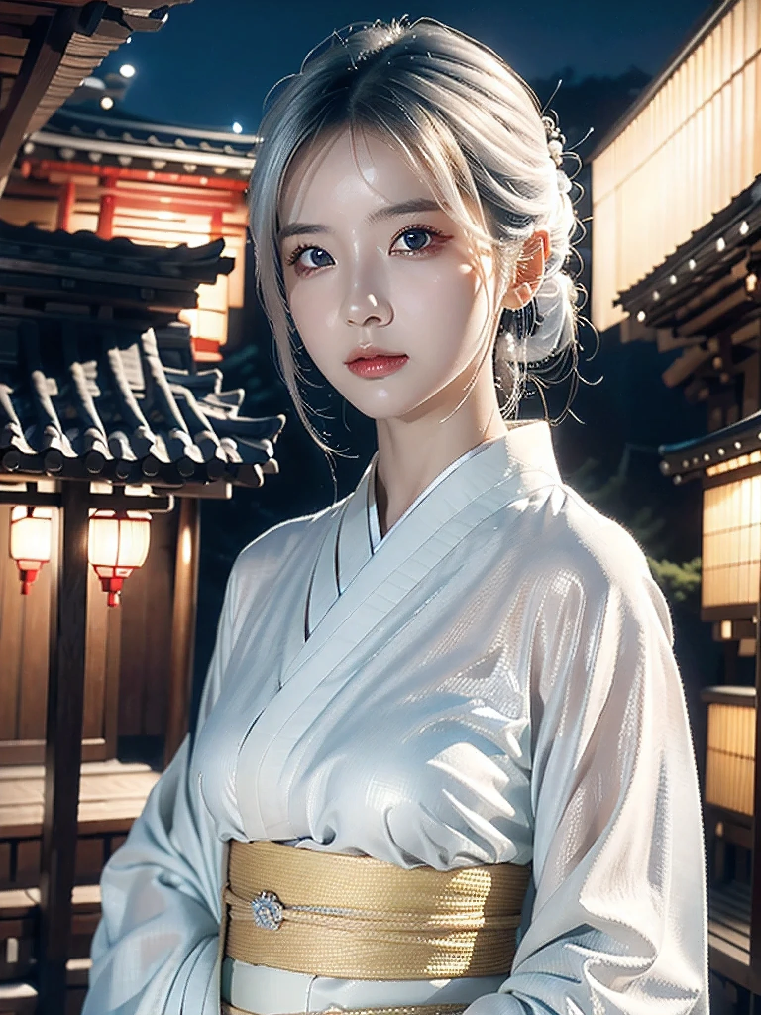 best quality, masterpiece, ultra high res, (photorealistic:1.4), RAW photo , white hair, , night view , white kimono, shrine ,
