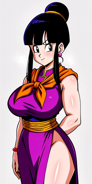 chichi_dbz, standing, solo, large_breasts, Purple_Dress_Orange_Neckerchief, masterpiece, best quality, detailed face, detailed eyes, highres,