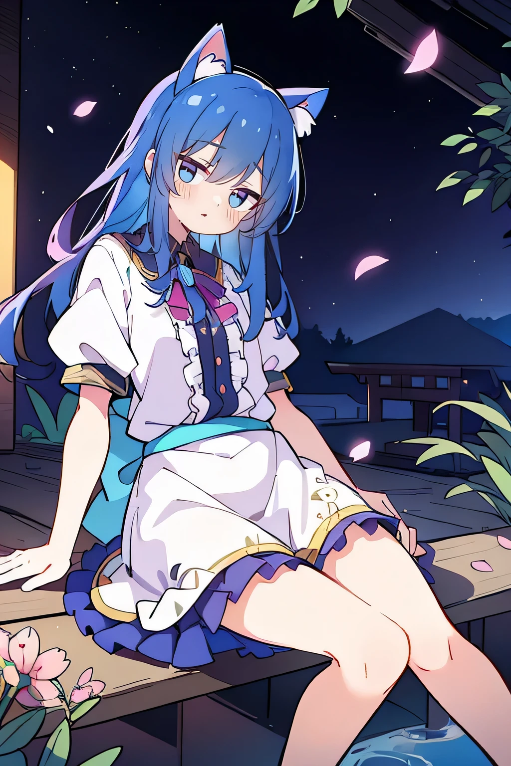 (masterpiece:1.2),ultra-detailed,realistic,expressive eyes,fair-skinned,perfectly shaped face,1girl,
Japanese cartoons,Gorgeous blue hair, flowing blue hair,floating clothes,cat ears,petals falling,beautiful Lola,Hina Angel,
hands on waist,gracefully sitting on the ground,legs crossed,gentle and serene background,cool and comfortable pavilion,shy face ,night .