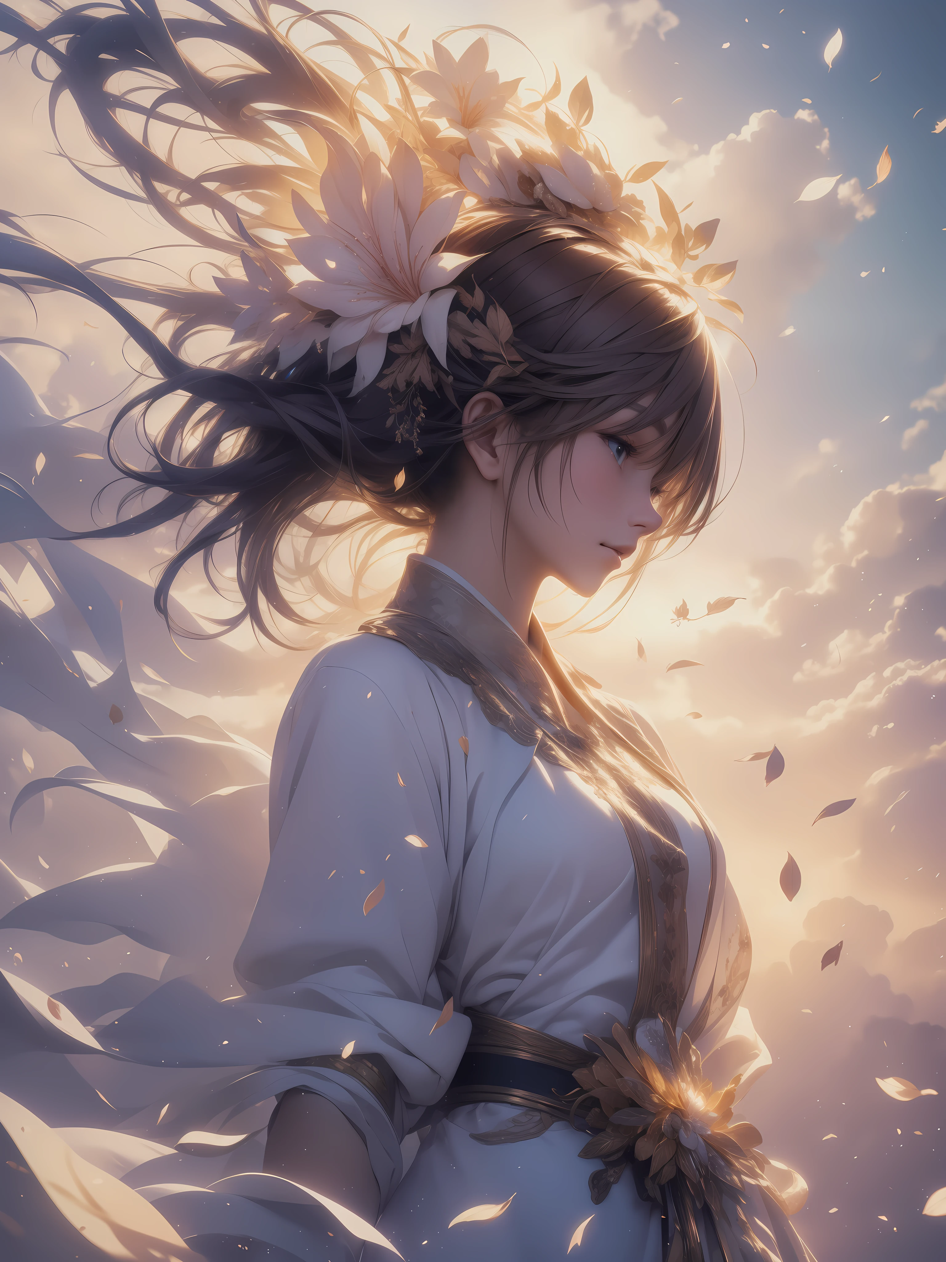 Masterpiece, highest quality, (highly detailed CG Unity 8k wallpaper) (highest quality), (best illustration), (best shadow) nature', sky, clouds, delicate leaf petals falling in the light of the air Tracking, ultra detailed  --v6 