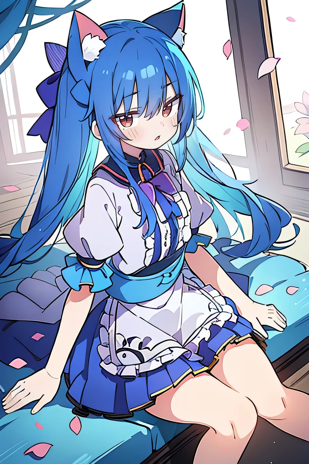 (masterpiece:1.2),ultra-detailed,realistic,expressive eyes,fair-skinned,perfectly shaped face,1girl,
Japanese cartoons,Gorgeous blue hair, flowing blue hair,floating clothes,cat ears,petals falling,beautiful Lola,Hina Angel,
hands on waist,gracefully sitting on the ground,legs crossed,gentle and serene background,cool and comfortable pavilion,shy face ,night .