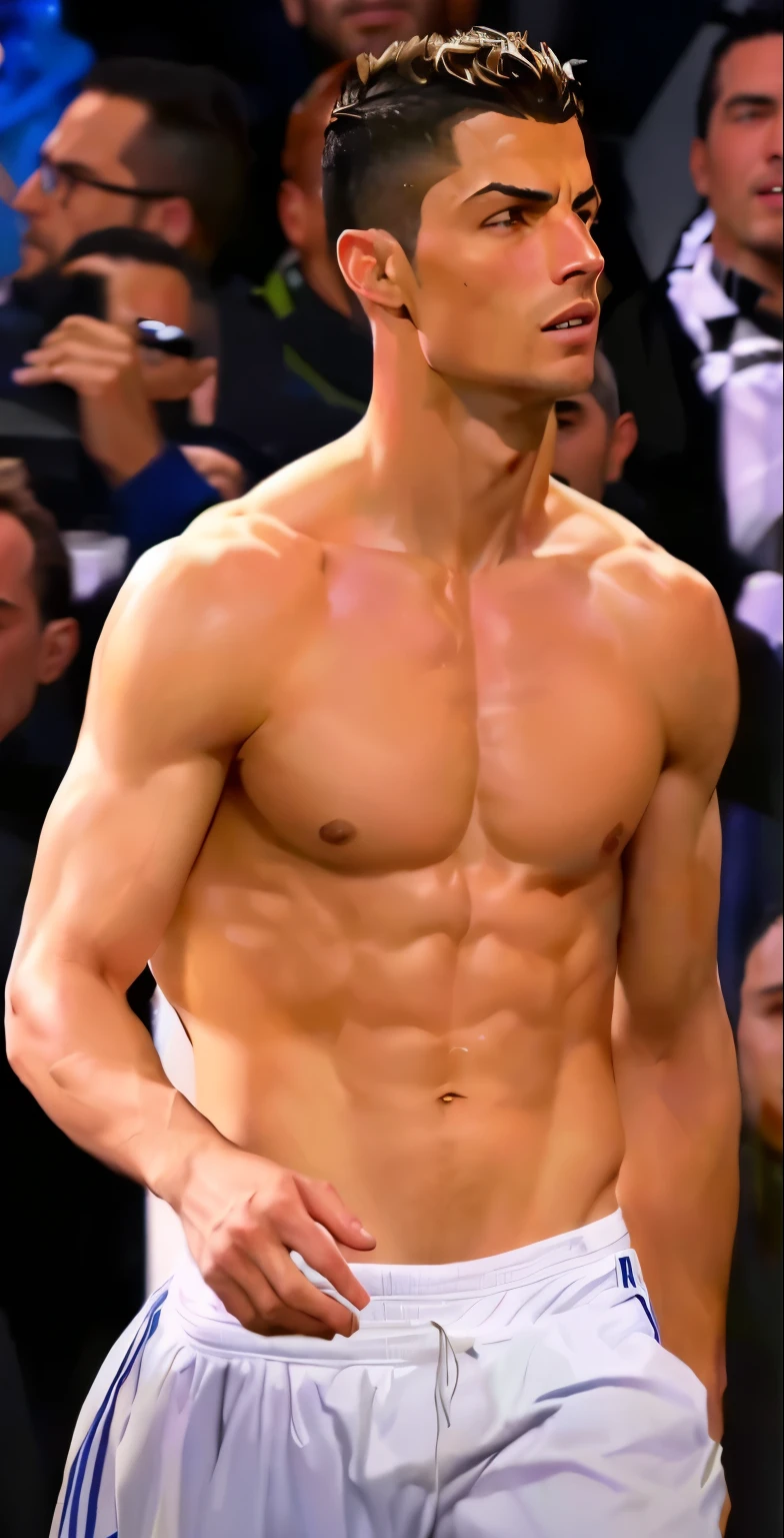 arafed homme en short blanc marchant devant une foule, soccer player Cristiano Ronaldo, Cristiano Ronaldo, poitrine plate, Cristiano Ronaldo as batman, [ rigidly defined abs ]!!, [ categorically defined abs ]!!, Tom Cruise Torse, corps complet extrêmement mince, nombril montrant, six packs, 6 paquets, pack de six, muscles saillants