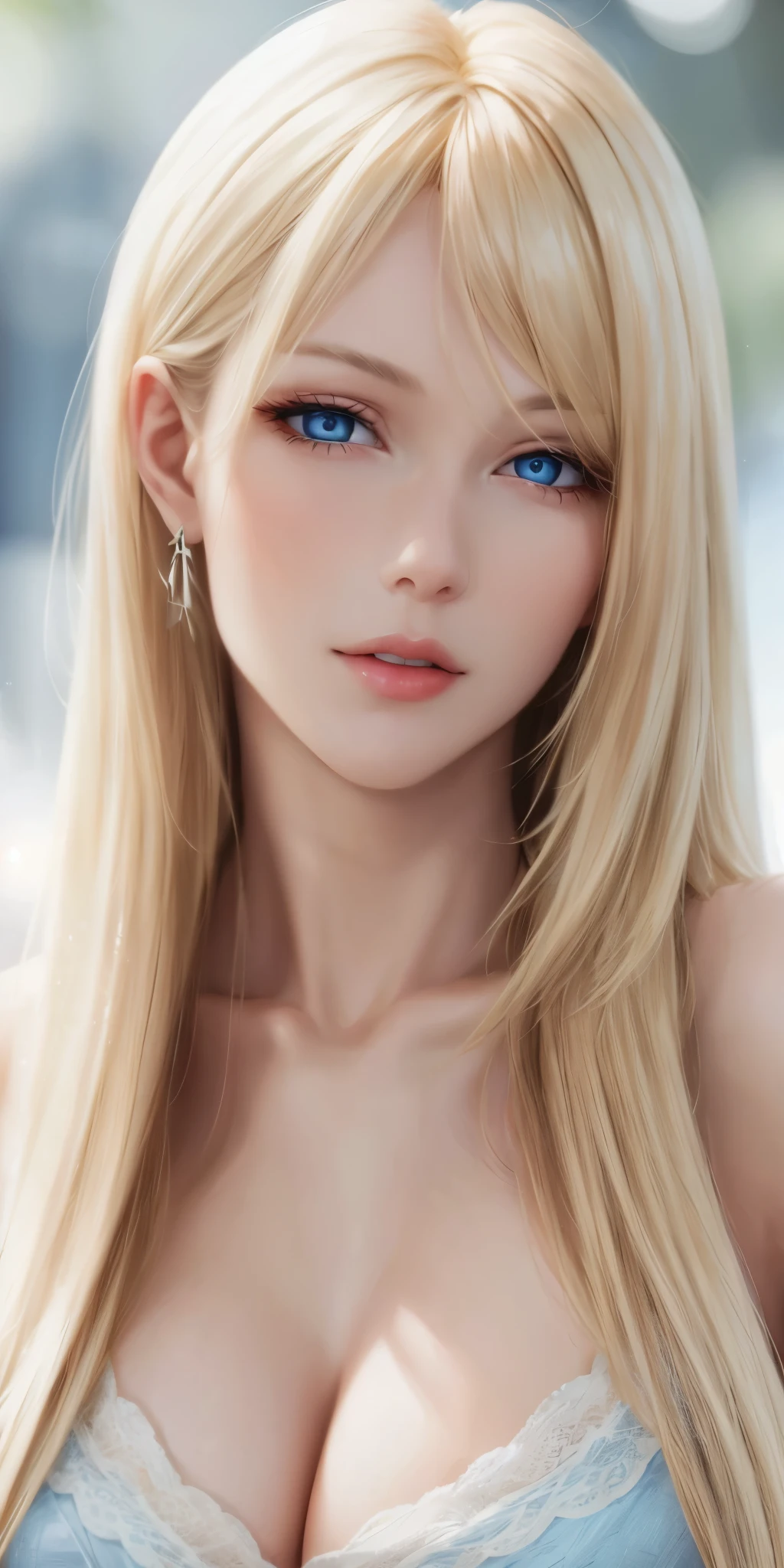 Upper body, elegant, adult woman, long neck, long blonde hair, bangs, casual clothe, cleavage, blue eyes, soft light, high quality, 4k resolution