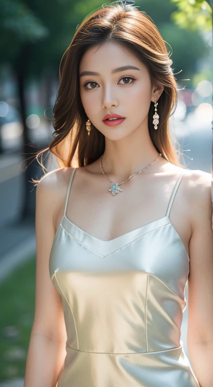 ((masterpiece、highest quality、Ultra-high resolution、8K、Ultra HD))、1 female,white and glossy skin, Delicate face、Detailed eyes and face、double eyelid、Red lips, Lip gloss, blue eyes, smile, Elegant woman, Brown short hair、choker,(Blue metallic silk blouse :1.2),(Silver metallic silk pencil skirt:1.2), (Blue Metal Pump:1.1)、pantyhose、Almond Eye、Narrow waist, Beautiful Hands, big breasts, Have a look at this, Bamboo forest in daytime、(full body shot、Full Body Portrait)