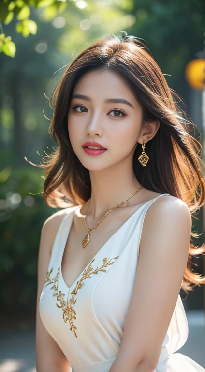 pretty girl: Asian, super cute;
Age: from 18-20 years old;
hair: bronze orange, smooth, shimmering in the sunlight, detailed;
skin: ivory white, rosy and flawless;
eyes: jet black, almond shaped, sexy, youthful, clear, super detailed, elegant, seductive, sharp makeup, realistic, eye-catching, eye contact;
eyelids: delicate, delicate, perfectly beautiful;
Eyebrows: arched, sparse, sharp;
face: beautiful, pure, like a fairy, with gentle makeup, lovely, perfectly balanced, beautiful in every detail;
nose: pretty, lovely, high;
Cheekbones: prominent;
lips: seductive, light red lipstick, lovely lip gloss;
teeth: radiant, pure white;
charming smile, showing off bright white teeth;
body: full of youth;
accessories: necklaces, earrings, jade bracelets;
Costume: silk fabric, delicate, embroidered with flowers;
Fashion style: high-end, modern 2024, luxury;
Photo quality: non-NSFW, 8K CG HD, sharp, super beautiful graphics, professional, detailed, vibrant colors, super smooth, advanced techniques, true RAW;
lighting: complex color scheme, golden-black rays;
sunlight: sparkling, illuminating the girl's body;
Setting: vibrant street, cool green trees.