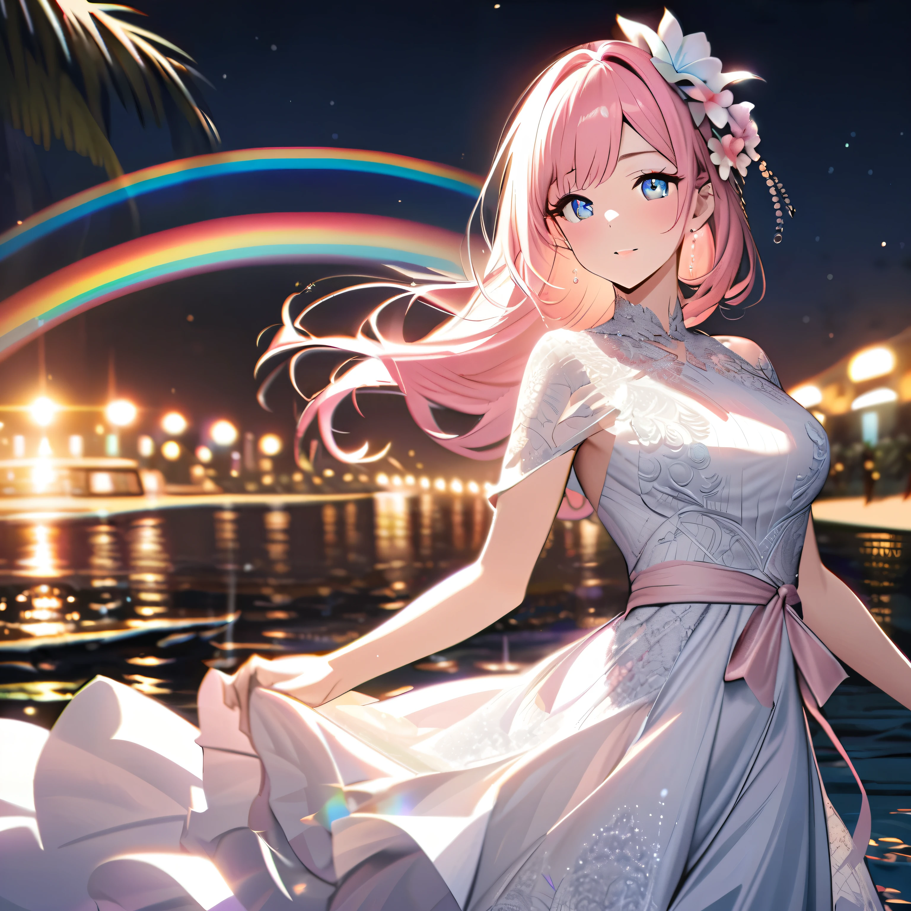 ``A beautiful woman with long pink hair and beautiful eyes wearing an elegant and detailed hawaiian dress.The dress must have intricate designs and patterns to give it a luxurious and luxurious feel.In the background , the image should depict a romantic Hawaiian beach at night with light reflecting off the water and an illuminated bridge across the scene, emphasizing the sparkling effects and rainbows throughout the image. Enhance your look and add special ruffles to your dress to make it stand out.”