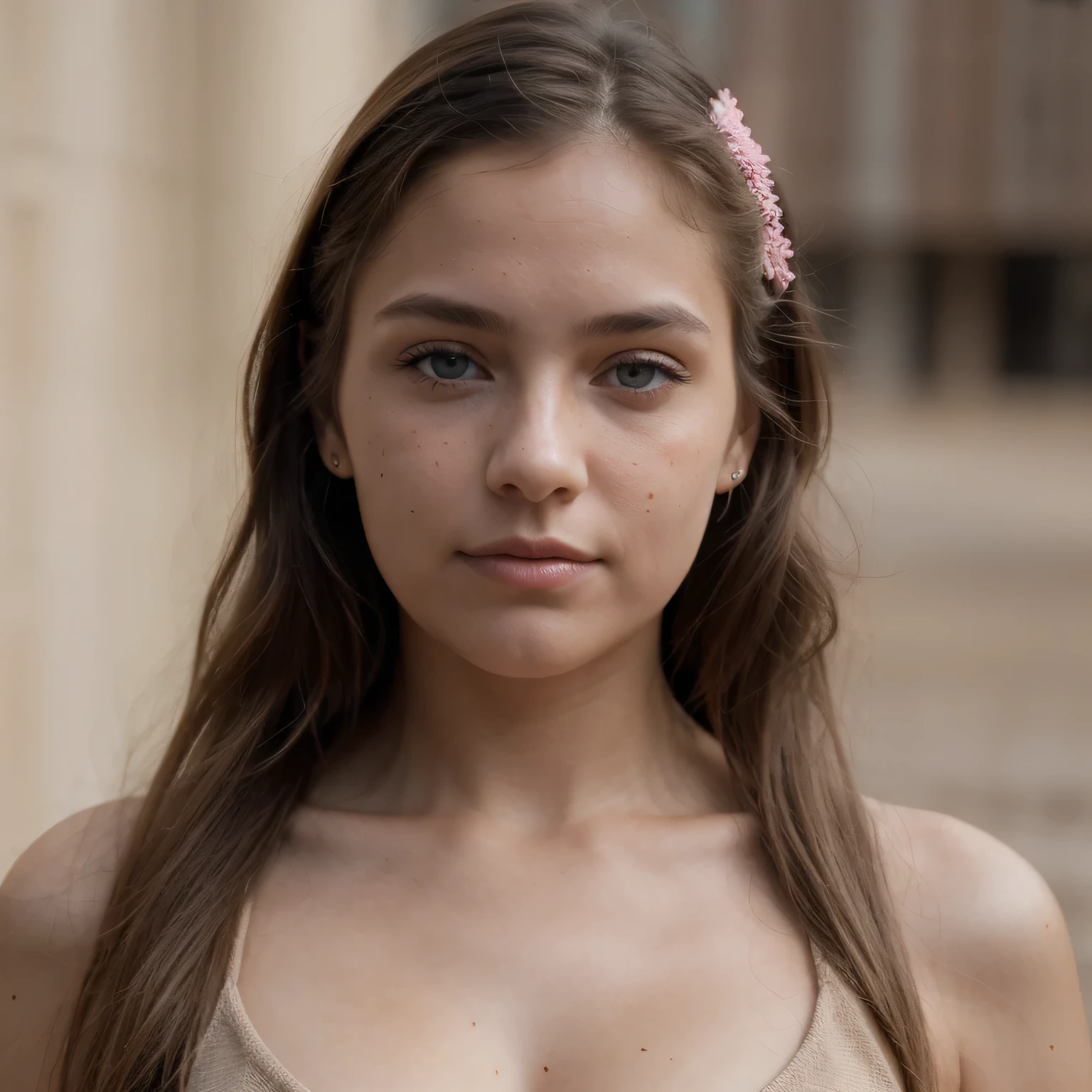 photo of a college student, in Desert Color Coarse Linen Pink,Desert Color Coarse Linen, (freckles:0.8) cute face, sci-fi, dystopian, detailed eyes, Heterochromia eyes((Side view))(Lunar soil)