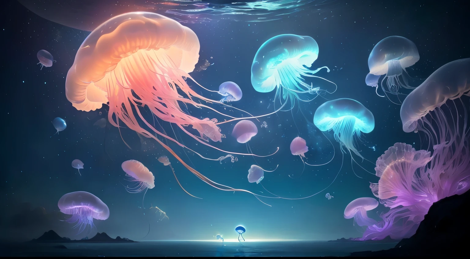 two jellyfishs floating in the air with a sky background, space jellyfish, two magnificent jellyfish, jellyfishes, cyberpunk jellyfish, jellyfish dancing, jellyfishes, jellyfish, jellyfish pheonix, jellyfish fractal, Amazing space creatures 4K, jellyfish, phoenix jellyfish, bioluminescent jellyfish, fantastic sea scenery, Alien dream world, jellyfish elements