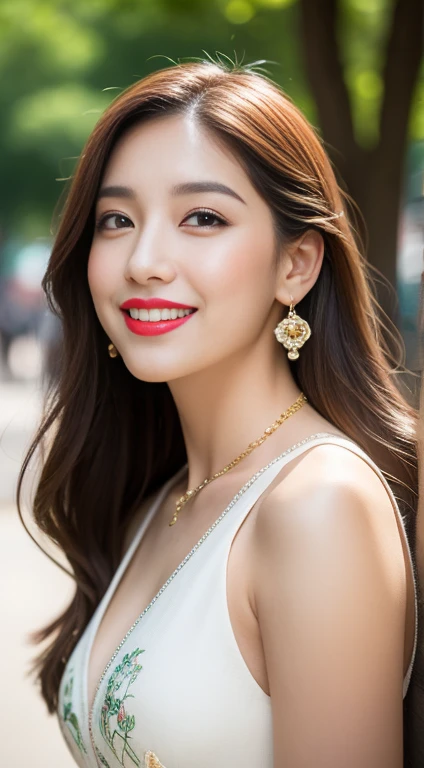 pretty girl: Asian, super cute;
Age: from 18-20 years old;
hair: bronze orange, smooth, shimmering in the sunlight, detailed;
skin: ivory white, rosy and flawless;
eyes: jet black, almond shaped, sexy, youthful, clear, super detailed, elegant, seductive, sharp makeup, realistic, eye-catching, eye contact;
eyelids: delicate, delicate, perfectly beautiful;
Eyebrows: arched, sparse, sharp;
face: beautiful, pure, like a fairy, with gentle makeup, lovely, perfectly balanced, beautiful in every detail;
nose: pretty, lovely, high;
Cheekbones: prominent;
lips: seductive, light red lipstick, lovely lip gloss;
teeth: radiant, pure white;
charming smile, showing off bright white teeth;
body: full of youth;
accessories: necklaces, earrings, jade bracelets;
Costume: silk fabric, delicate, embroidered with flowers;
Fashion style: high-end, modern 2024, luxury;
Photo quality: non-NSFW, 8K CG HD, sharp, super beautiful graphics, professional, detailed, vibrant colors, super smooth, advanced techniques, true RAW;
lighting: complex color scheme, golden-black rays;
sunlight: sparkling, illuminating the girl's body;
Setting: vibrant street, cool green trees.