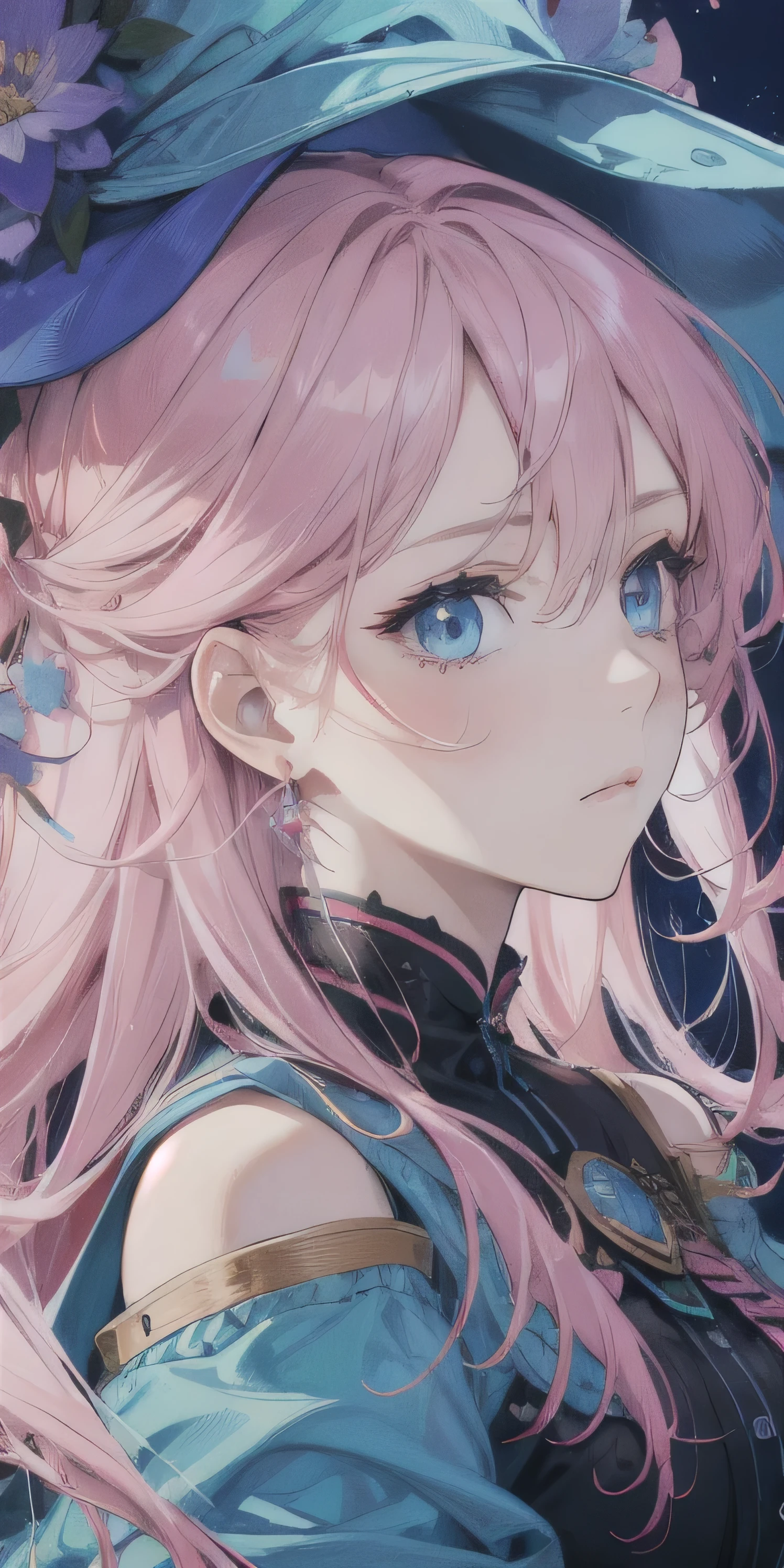 (absurdres, highres, ultra detailed), a girl, solo, pink haired, blue eyes, large breast, close up. 