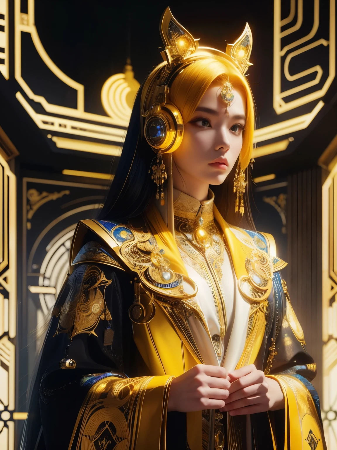 (high quality), (masterpiece), (detailed), 8K, Hyper-realistic digital illustration depicts (Japanese woman1.3) with (bright yellow hair1.2) and (piercing yellow eyes1.2), donning (futuristic fantasy attire1.2) that blends (modern neon-lit accents1.2) with (intricate Moroccan tile work1.2) and (Tunisian Arabic calligraphy1.2). Her (upper body1.2) is adorned with (shimmering golden jewelry1.2) and (intricate, glowing yellow circuits1.2) that evoke a sense of technological opulence. In style of Syd Mead, trending on DeviantArt.