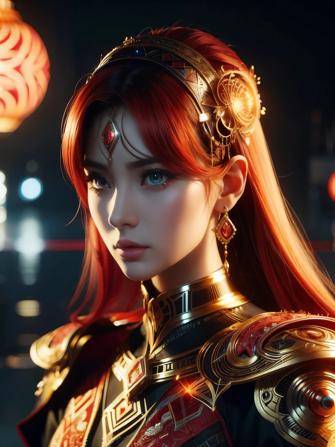 (high quality), (masterpiece), (detailed), 8K, Hyper-realistic digital illustration depicts (Japanese woman1.3) with (vibrant red hair1.2) and (intense red eyes1.2), wearing (futuristic fantasy attire1.2) that combines (modern holographic accents1.2) with (intricate Moroccan geometric patterns1.2) and (Tunisian Arabic script1.2). Her (upper body1.2) is accentuated by (shimmering ruby jewelry1.2) and (intricate, glowing red circuits1.2) that evoke a sense of technological passion. In style of Ash Thorp, trending on Artstation.