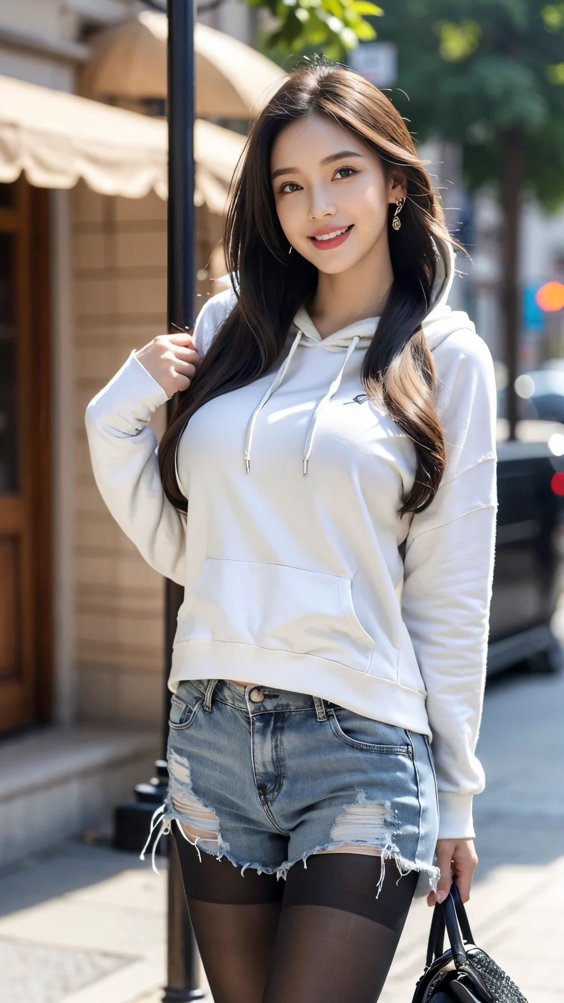 (1girl), best quality, ultra-high res, (photorealistic), (detailed eyes:1.4), (realistic, photo-realistic), perfect lighting, smile, showing waist, big breast, long hair, looking at viewer, facing front, realistic, light skin, (hoodie:1.2), (shorts:1.2), (black pantyhose:1.2), jewelry, earrings, on street, 