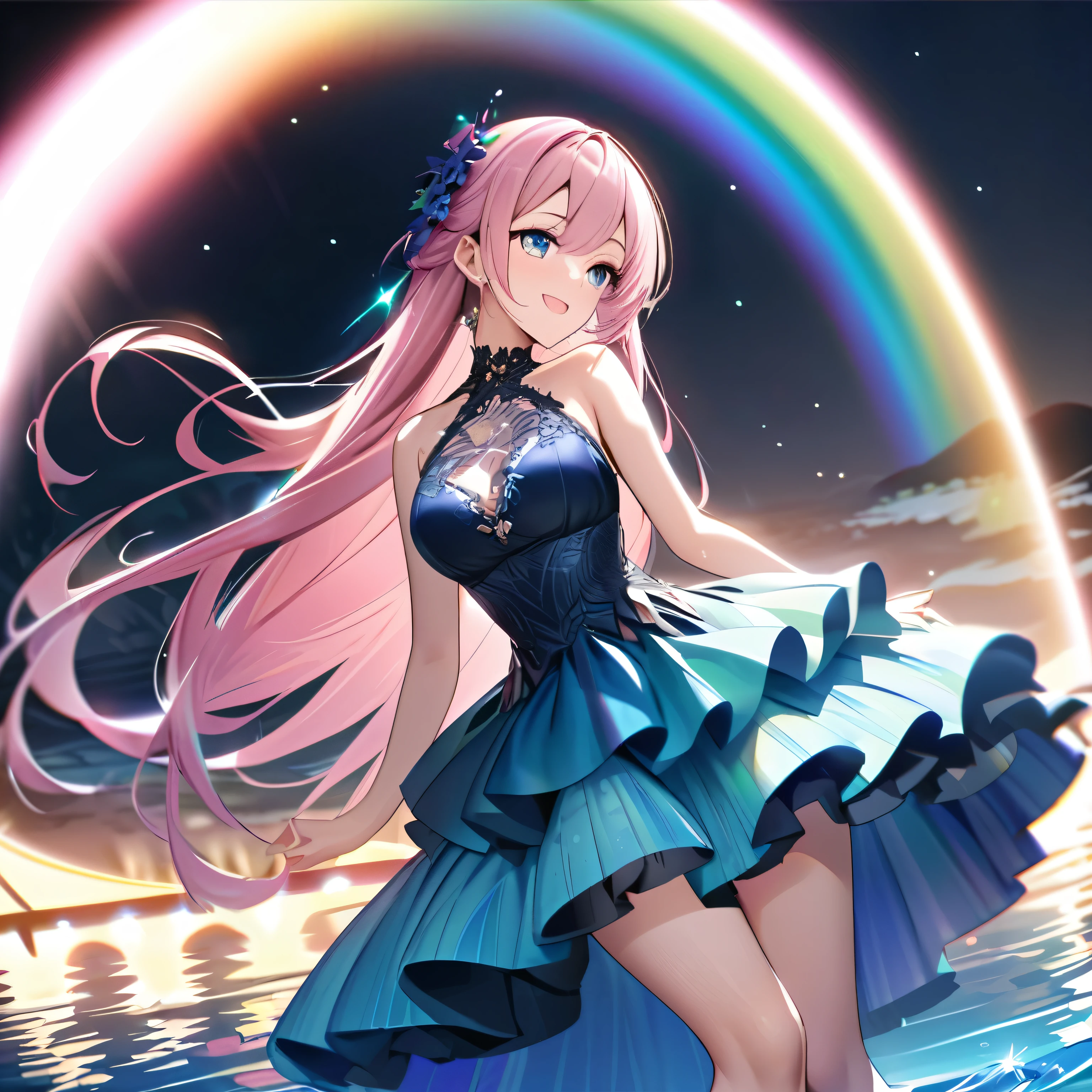 ``A beautiful woman with long pink hair and beautiful eyes wearing an elegant and detailed hawaiian dress.The dress must have intricate designs and patterns to give it a luxurious and luxurious feel.In the background , the image should depict a romantic Hawaiian beach at night with light reflecting off the water and an illuminated bridge across the scene, emphasizing the sparkling effects and rainbows throughout the image. Enhance your look and add special ruffles to your dress to make it stand out.”