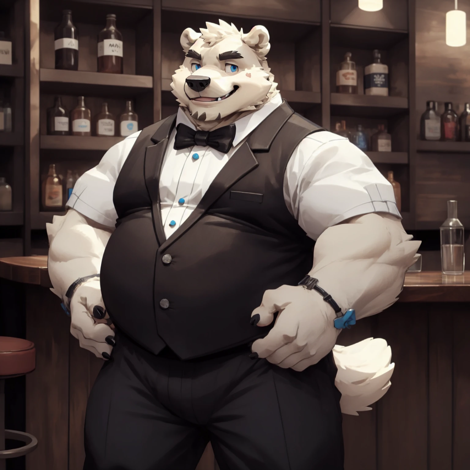 New Jersey 5 Furry，polar bear，portrait，Exquisite， Chubby，Fat，Thick arms，Rugged muscles，White plush fur，Chubby脸，Black eyebrows，Sky blue eyes，Beard，bar，White shirt，Black vest，Bow tie，Black suit pants，standing solo，Smile