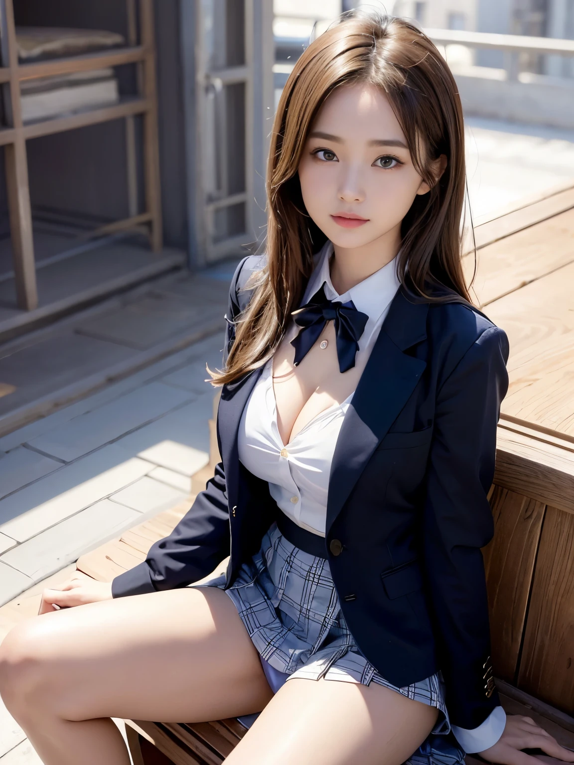 ultra highres,(reality: 1.4),highest quality, masterpiece, high detail, 16K quality, beautiful, 1 beautiful girl,japanese,super beautiful face,,japanese idol face,cute face,super detailed face,detailed hand,beautiful skin,oily skin,big eyes,profeccional lighting,long hair,brown hair,black beautiful eyes, big smile,sitting with knee up, spread legs, (skirt lift),big breasts,navy blue blazer,see through white shirt,open button,cleavage,(checked skirt),white panties,(showing panties),cameltoe,black high socks,she is looking at the camera,skyscraper rooftop, blue sky,nsfw,from front,