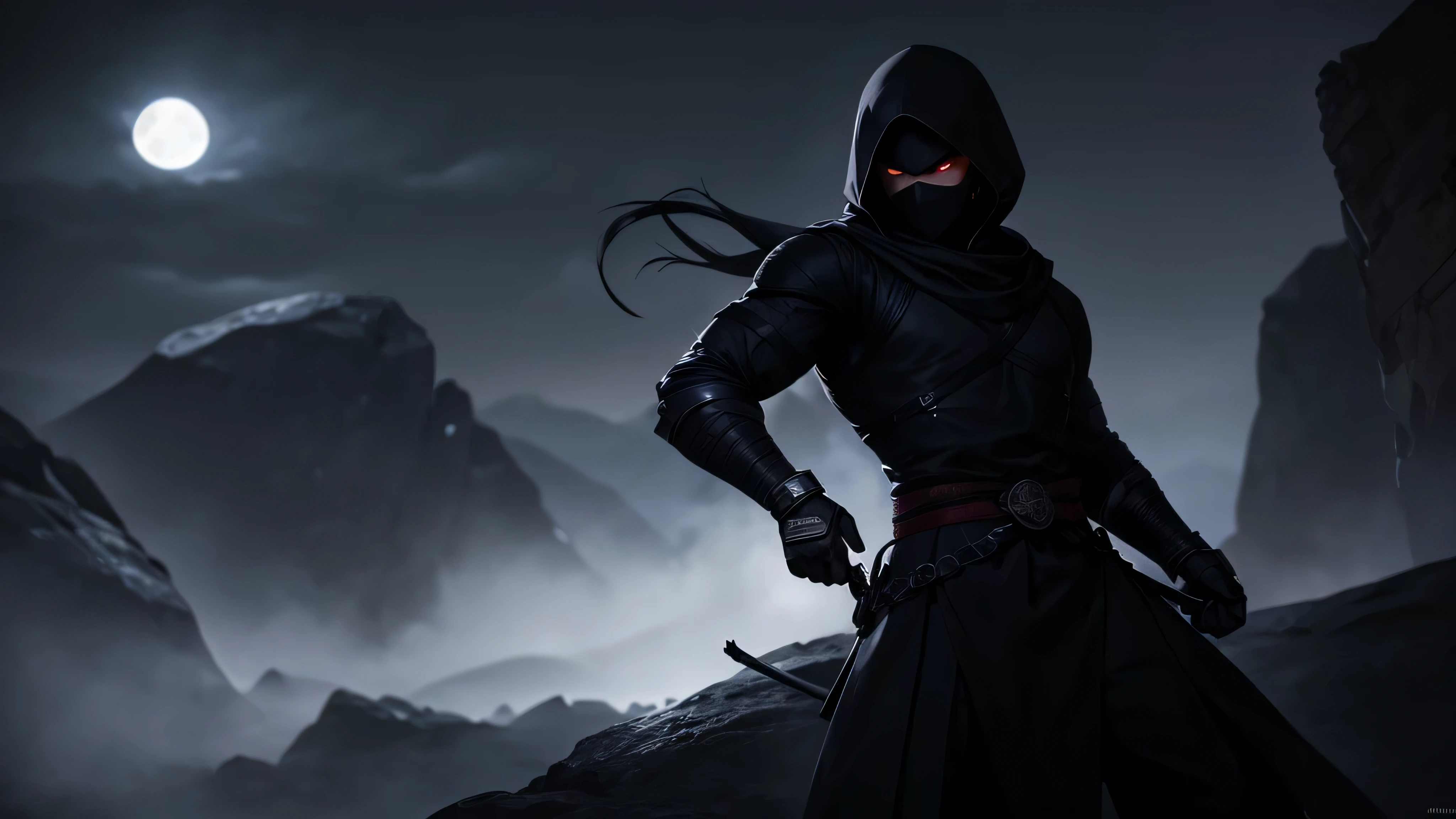 A solo shinobi with Fullmoon: ninja,silhouette,black costume,mysterious,stealthy,warrior,detailed face,sharp eyes,determined expression,flowing cloak,dangerous weapons,master of stealth,moonlight,nighttime assassin,calm and focused,moonlit garden,shadowy trees,rays of moonlight,hidden shadows,breath-taking skills,full moon's glow,mysterious aura,deadly art of combat,lonely warrior,solemn atmosphere,slender figure,masterful techniques,silent footsteps,lunar illumination,pure darkness,cunning strategies,sword-wielding ninja,focused on the mission,midnight adventure,invisible presence,intense training,ultimate stealth,moon's reflection,empowered by the moon's energy. with fullmoon background .equip mask fox(best quality,4k,8k,highres,masterpiece:1.2),ultra-detailed,(realistic,photorealistic,photo-realistic:1.37),HDR,UHD,studio lighting,ultra-fine painting,sharp focus,physically-based rendering,extreme detail description,professional,vivid colors,bokeh,portraits,nighttime atmosphere,shadows and highlights,dynamic composition,lunar color palette
