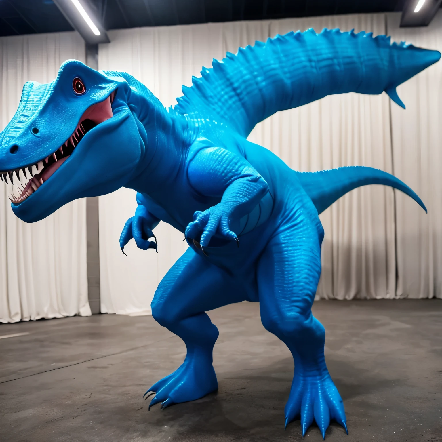 Tyrannosaurus。Anime Style。cool。Single。scale。Blue body。dinosaur。strong。Big body。male。Open your mouth wide。wild。Thick and long tail。nail。A solid body。