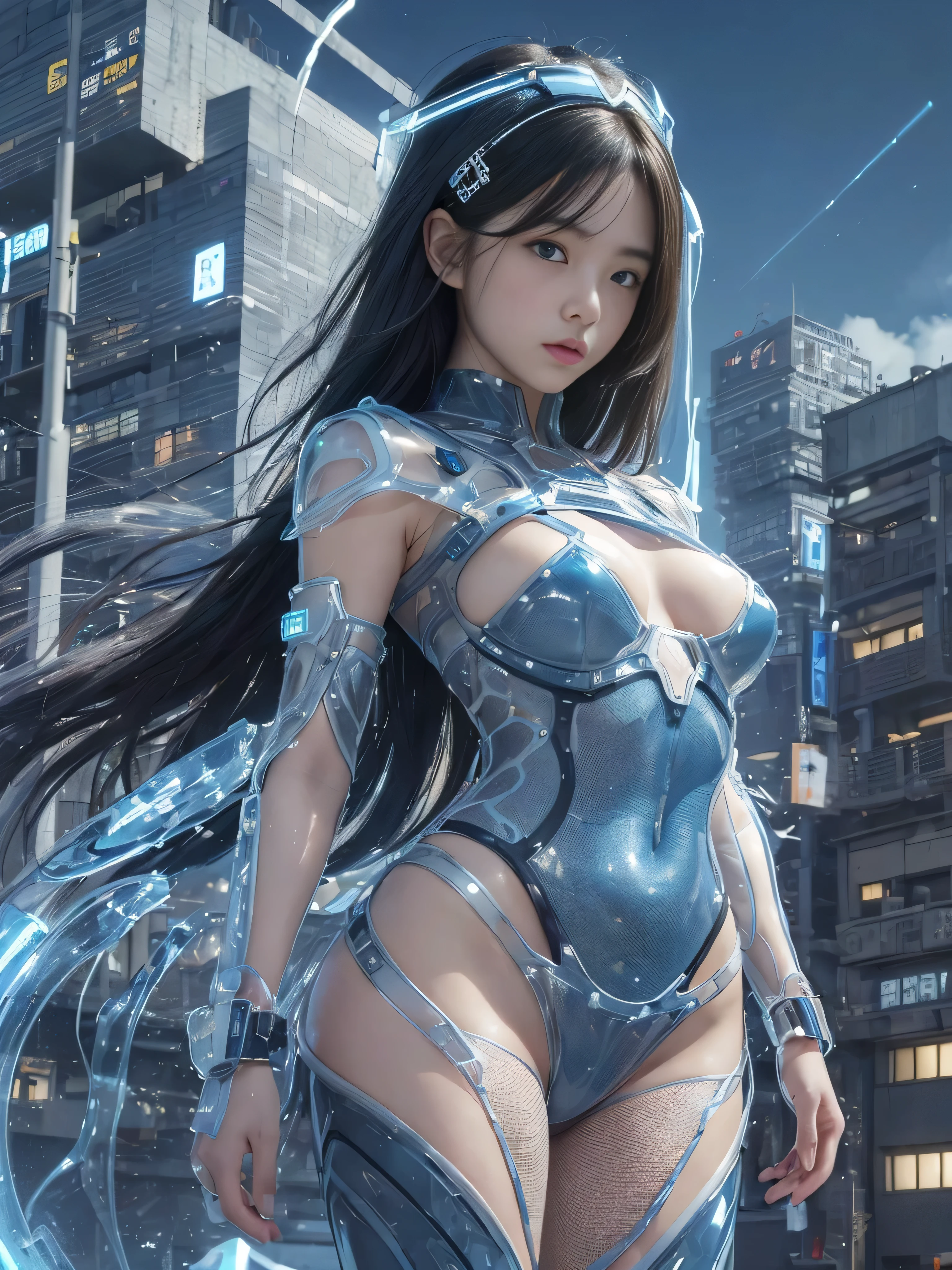 (RAW quality:1.4), One Girl, Japanese, , Textured skin, (Shining sky blue long hair), Very detailed, Advanced Details, high quality, 最high quality, High resolution, 1080p, hard disk, beautiful,(Gundam),Beautiful cyborg woman,large body,((Wearing Futuristic Transparent Reinforced Plastic Machine Parts。:1.4)), Nipples covered with transparent mechanism, Mechanically protected front groin, (Exposed lower abdomen:1.4), The bare skin of the large body is exposed., large body naked, Perfect Proportions, Great tit, (He carries a lot of weapons on his back..:1.4), (Hero Pose), Cowboy Shot, (Short-cut straight hair that looks beautiful in blue and white:1.4), folded building background, City in flames, (The blue LED on the bust top glows strongly:1.4), Biologically correct,